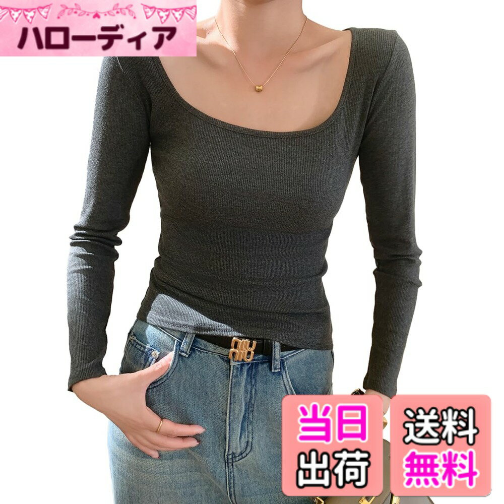 【送料無料】[moxixom] インナー カットソー レディース トップス 深めUネック 長袖 薄手 インナー シャツ ロング Tシャツ シンプル お洒落 着痩せ 胸元 セクシー 日常 普段着 春秋冬 色：ダークグレー、サイズ：L