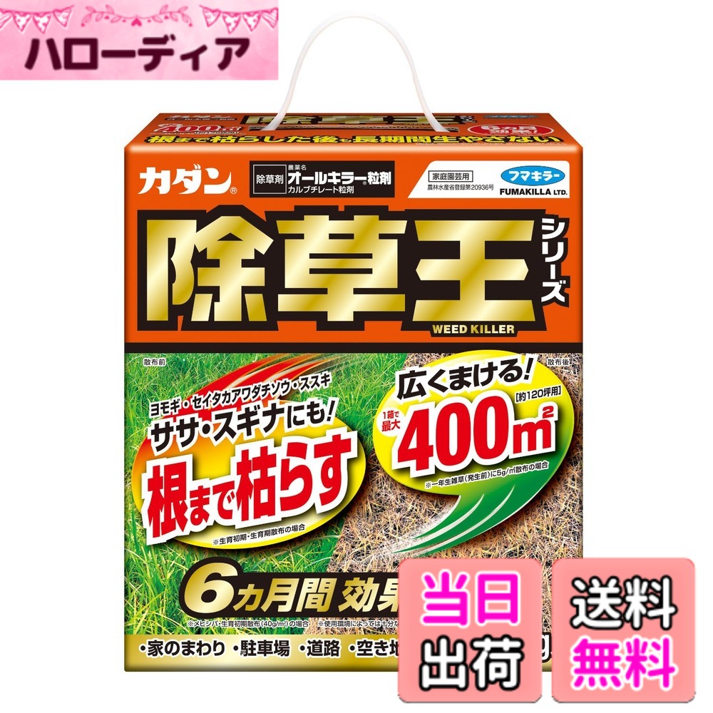 【送料無料】フマキラー カダン除草王シリーズ オールキラー粒剤 除草剤 まくだけ 根まで枯らして6カ月生やさない 家周り・駐車場などに 色：オレンジ、サイズ：2kg (約400平米)