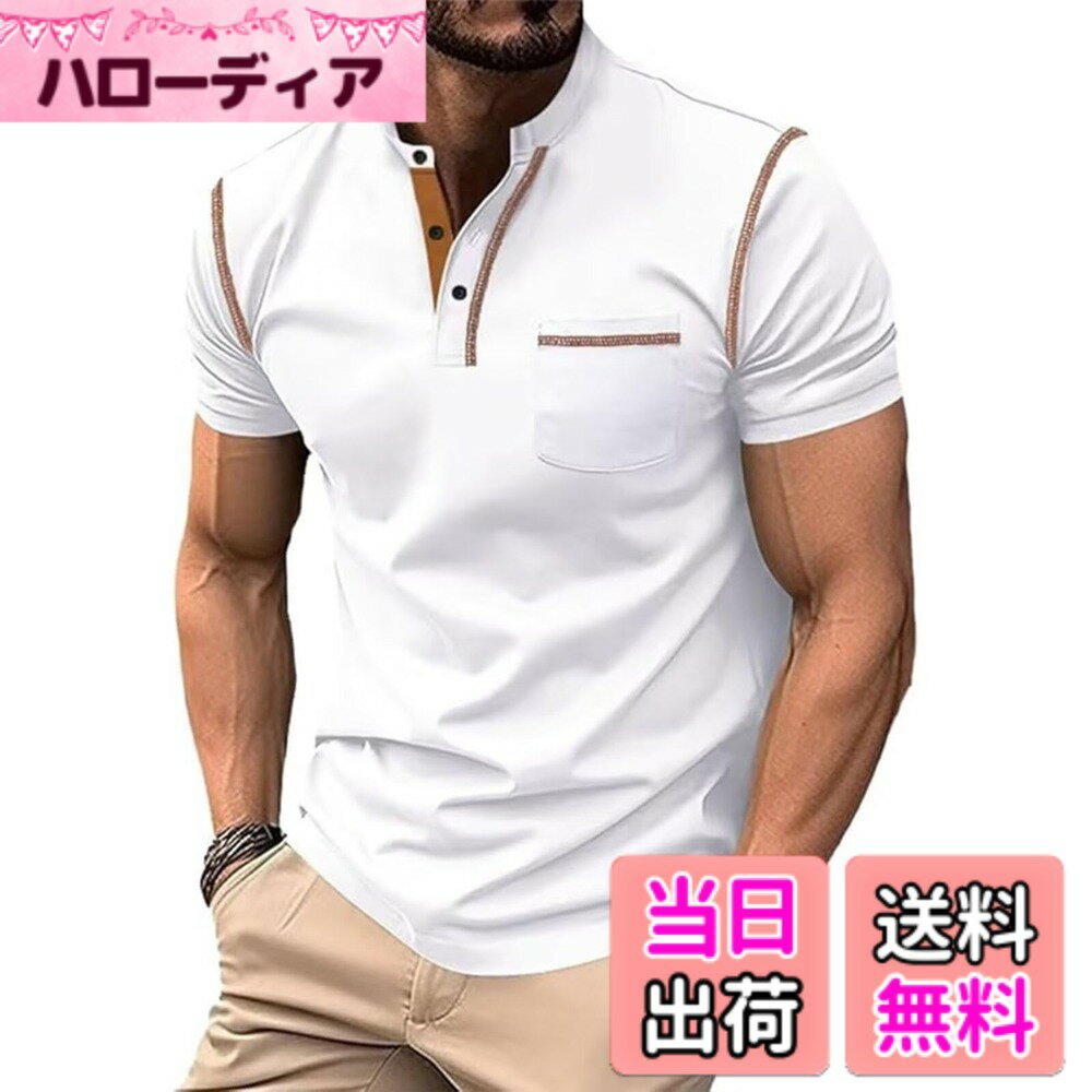 【送料無料】[メチーエング] ヘンリーネック Tシャツ メンズ 半袖 カットソー ブイネック ストレッチ 無地 春 夏 お洒落 カジュアル 色：ホワイト、サイズ：2XL
