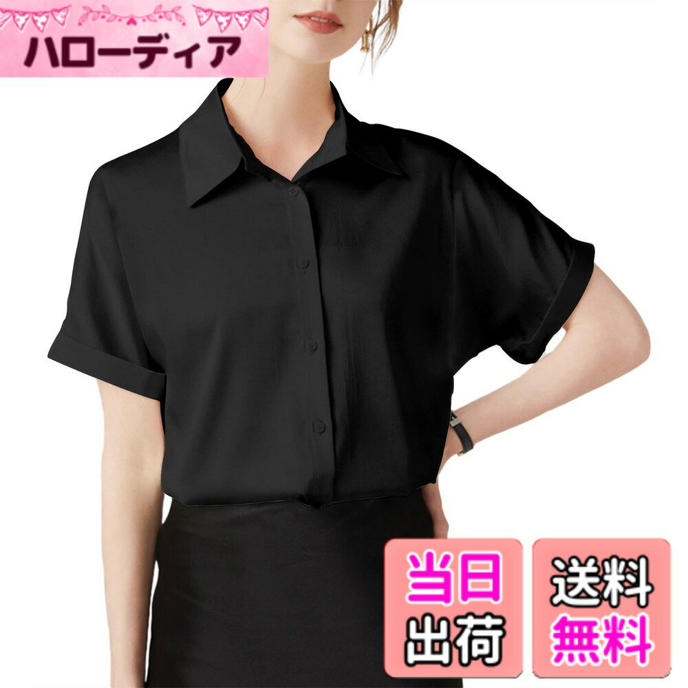 乐天商城 - 【送料無料】[SPRING SEAON] シャツブラウス レディース トップス 半袖 夏 カジュアル オフィス ノーアイロン 形態安定 とろみ ゆったり 大きいサイズ ビジネス ファッション 通勤 業務服 高通気性 2S-4L 色：ブラック、サイズ：2L