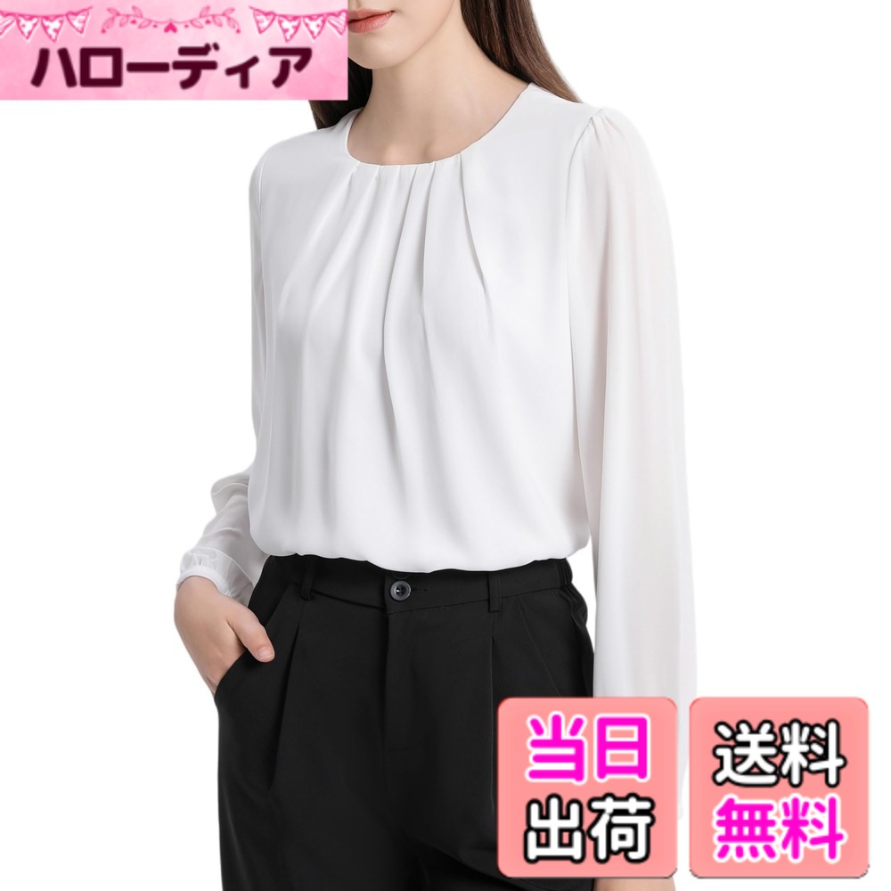 Other - 【送料無料】[SPRING SEAON] ブラウス 長袖 シフォン レディース タック カットソー 裏地付き オフィス ビジネス キレイめ 着痩せ 落ち感 通勤 洗える 春 秋 色：ホワイト、サイズ：L