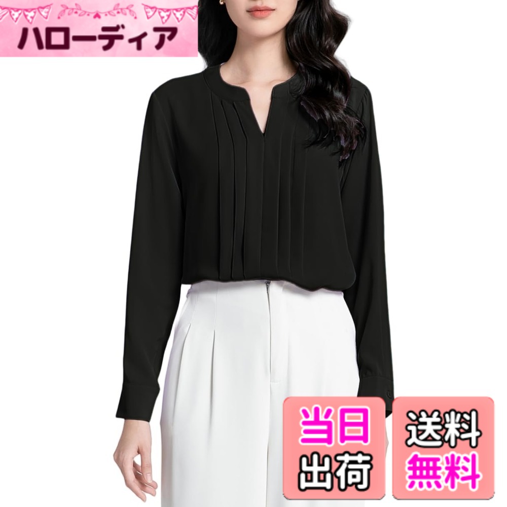 Other - 【送料無料】[SPRING SEAON] ブラウス 長袖 レディース Vネック シャツ シフォン タック カットソー ゆったり 大きいサイズ スーツインナー オフィス ビジネス 通勤 洗える 春 秋 日常 高通気性 S-4L 色：ブラック、サイズ：4L