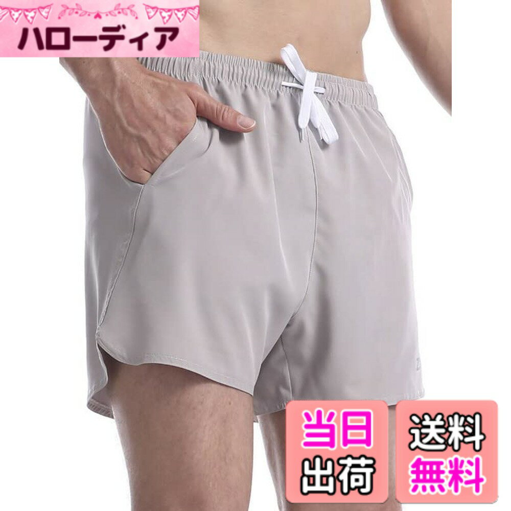 【送料無料】ショートパンツ メンズ ストレッチ ランニングパンツ インナー付き ナイロン 短パン スポーツ 軽量 ランパン ジムウェア 通気 速乾 色：グレー、サイズ：2XL