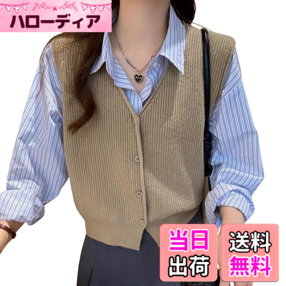 【送料無料】[SPRING SEAON] ニットベスト レディース セーターベスト 前開き ゆったり 着痩せ 柔らかい 重ね着 Vネック ノースリーブ おしゃれ カジュアル 通勤 オフィス 春 秋 冬 色：ラクダ、サイズ：Free Size