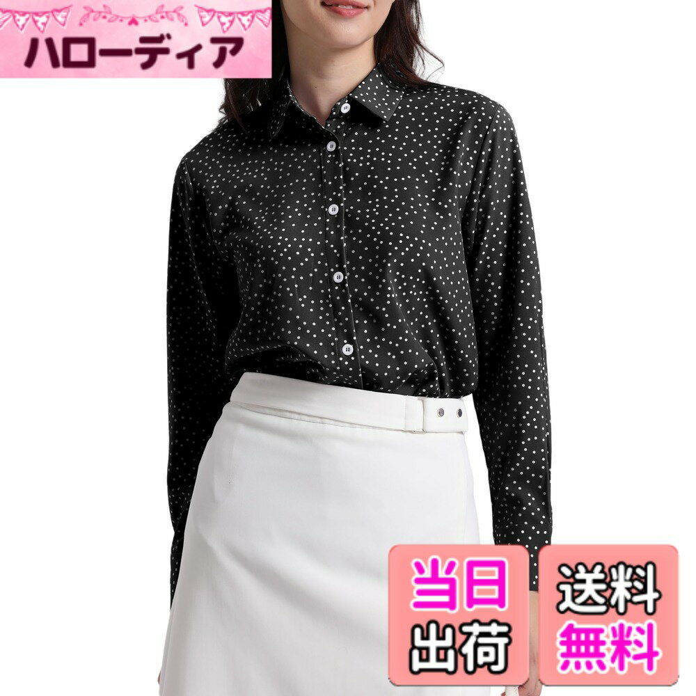 【送料無料】[SPRING SEAON] シャツ ブラウス レディース とろみワイシャツ ゆったり 大きいサイズ 長袖 ノーアイロン オフィス カジュアル ファッション 通勤 日常 高通気性 2S-4L 色：ドット柄-ブラック、サイズ：L