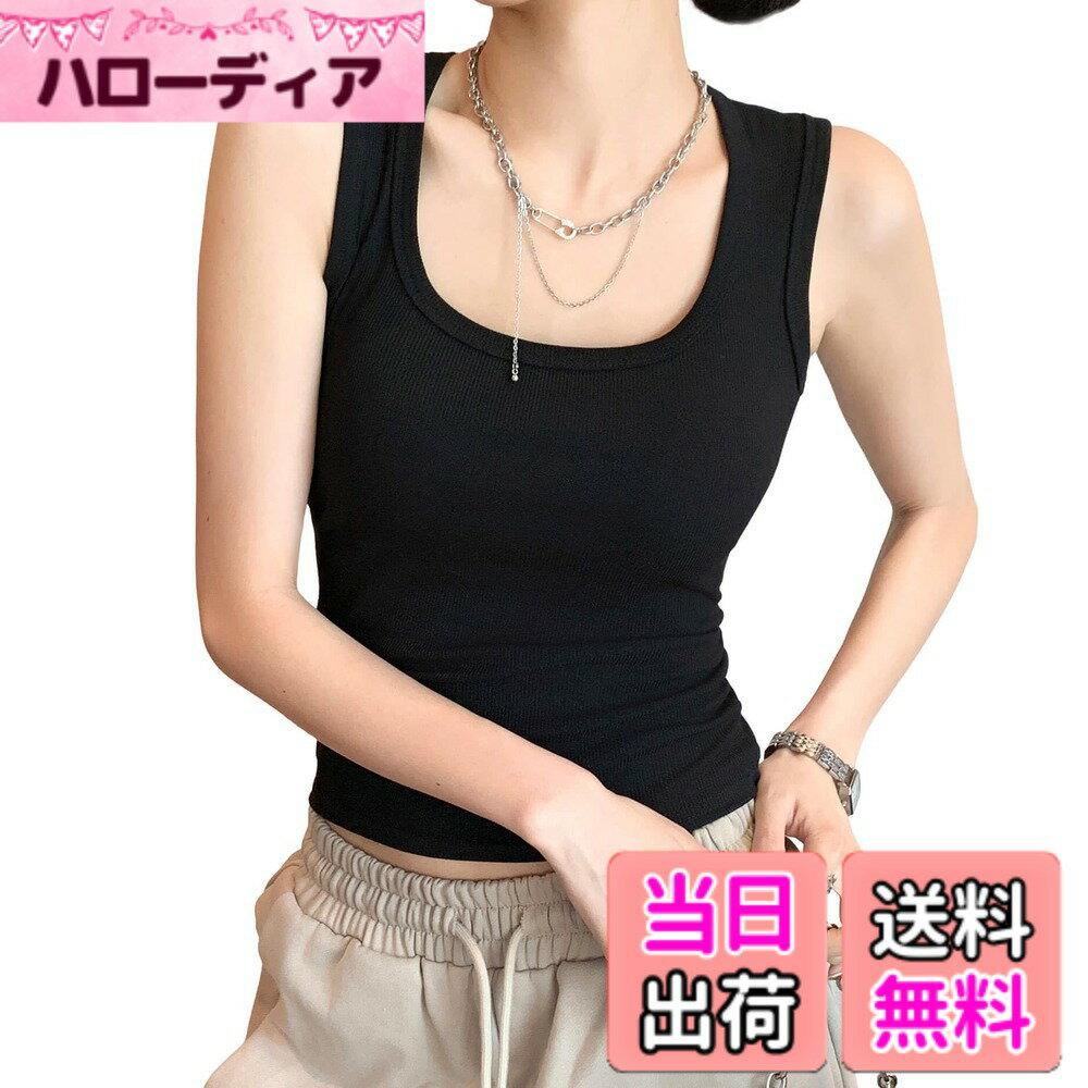 Leotards - 【送料無料】[優億] タンクトップ レディース ノースリーブ インナー トップス ショート丈 キャミソールUネック スクエアネック 薄手 シンプル 快適 痩せ 肌着 下着 重ね着 夏 着痩せ ヨガ 無地 色：ブラック、サイズ：L