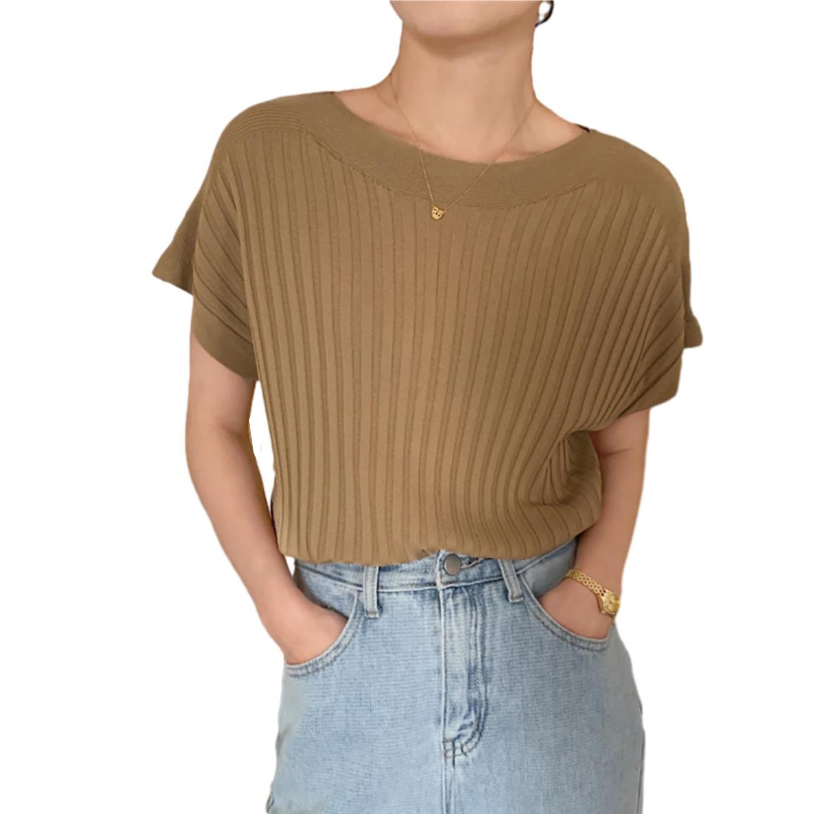 【送料無料】[MSFQSNB] ニット トップス レディース ドルマンスリーブ セーター ラウンドネック 半袖 ..