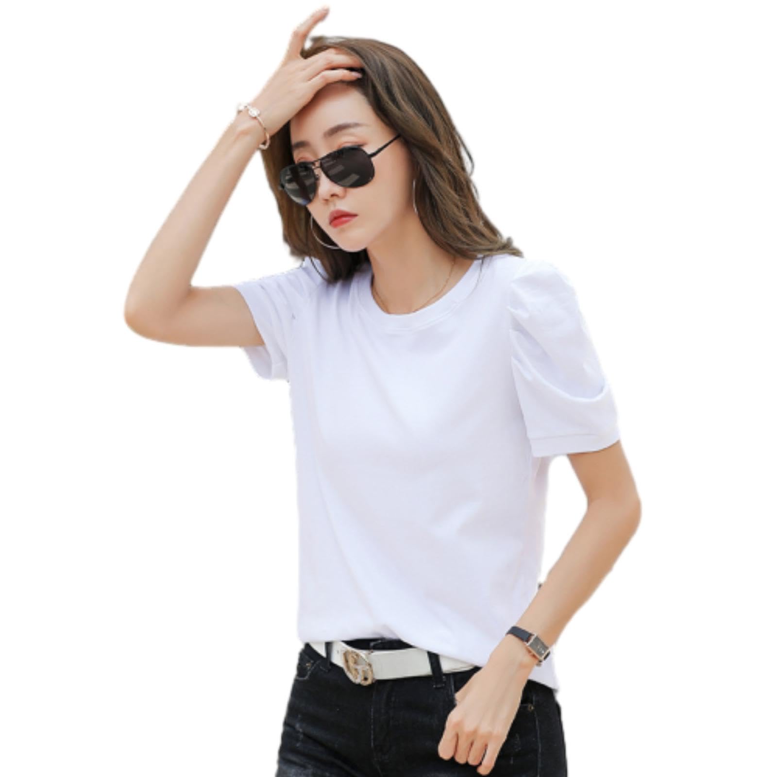 【送料無料】[MSFQSNB] Tシャツ 半袖 レディース 丸首 トップス カットソー 綿 ギャザー袖 柔らかい 着..