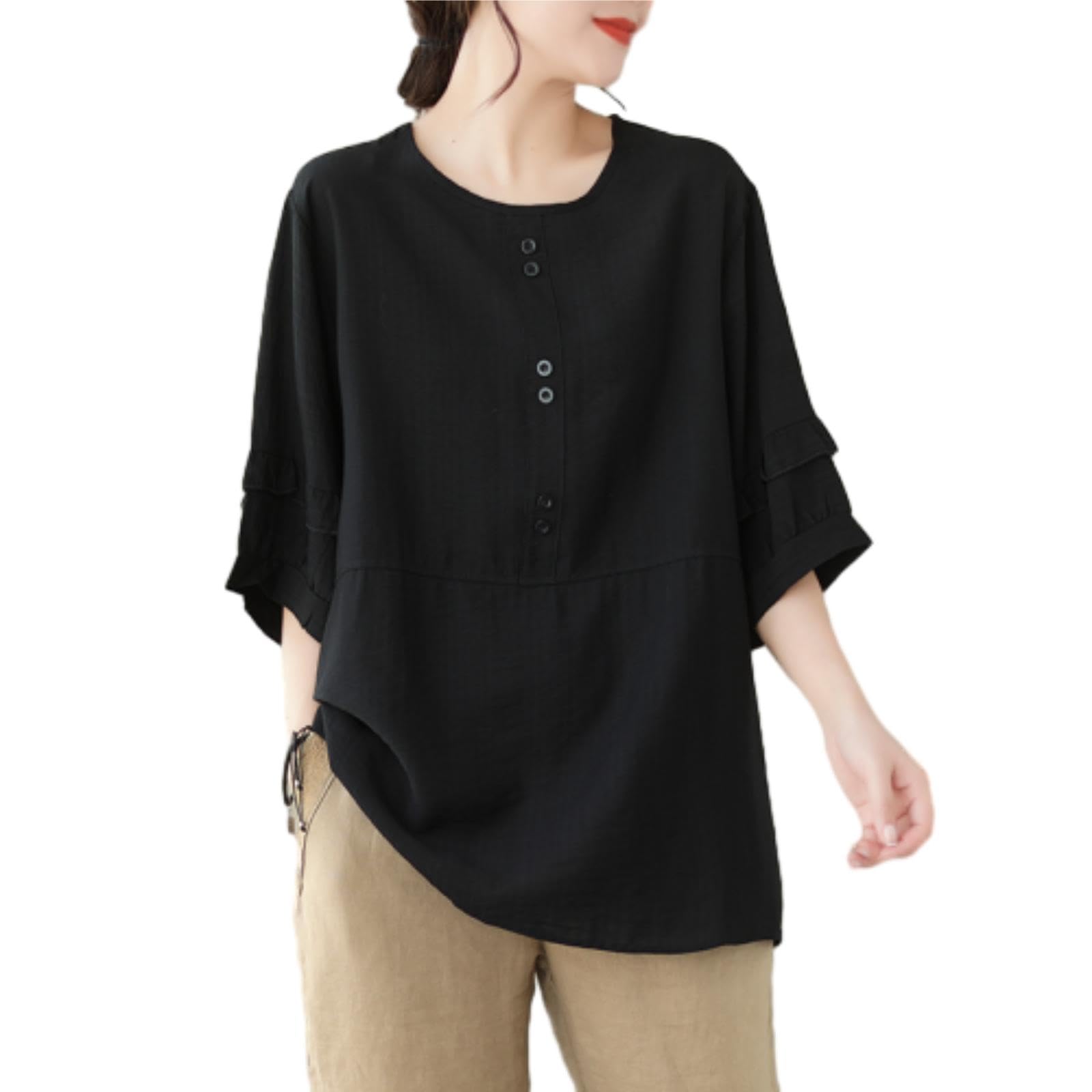 【送料無料】[MSFQSNB] tシャツ レディース トップス 半袖 綿麻 大きいサイズ ゆったり 体型カバー 着痩せ お洒落 カジュアル 無地 大人 デート オフィス 通勤 普段着 部屋着 春 夏 色：ブラック、サイズ：M