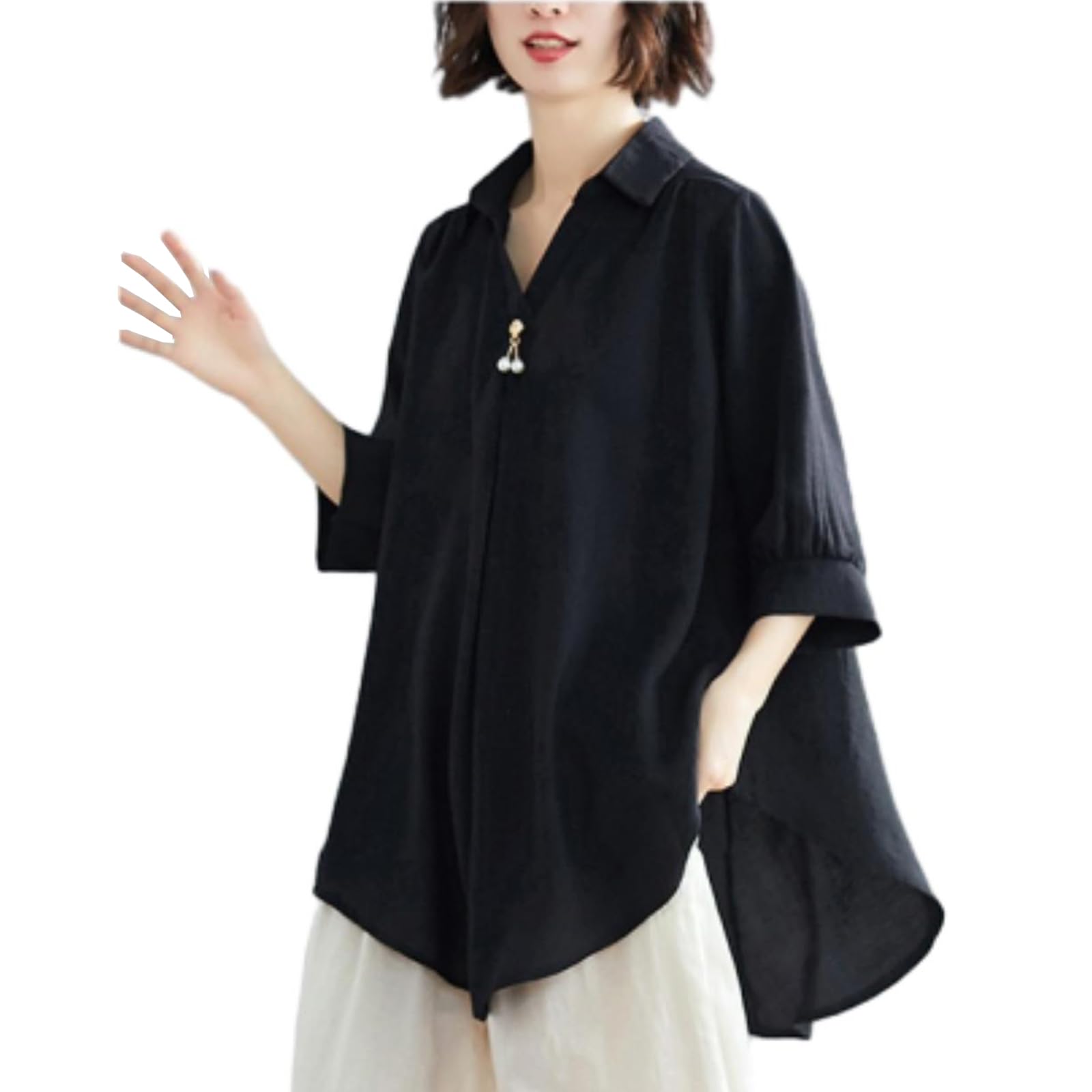 【送料無料】[MSFQSNB] シャツ レディース 半袖Vネック パール装飾 夏 ゆったり オフィス 無地 七分袖 ..