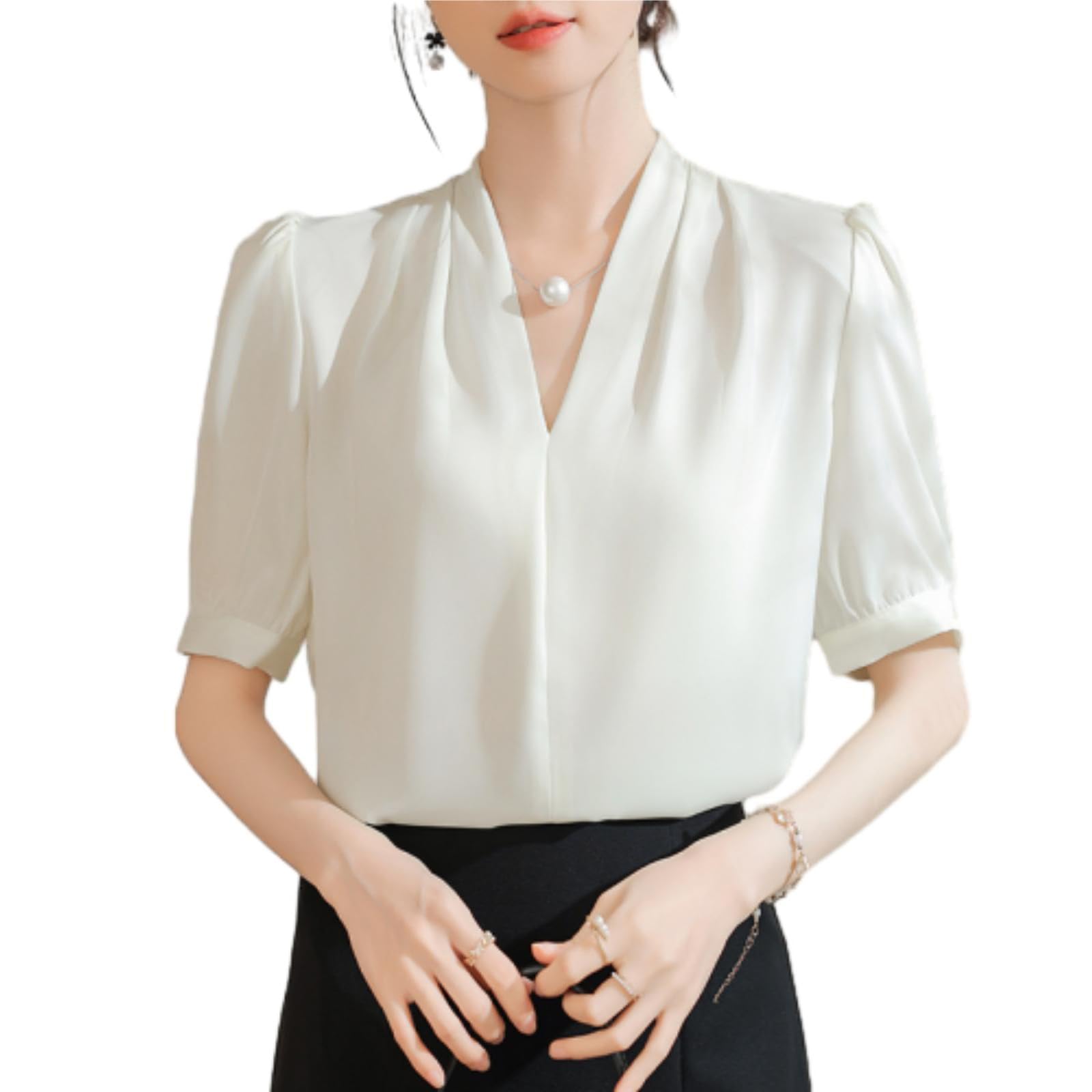 【送料無料】[MSFQSNB] ブラウス レディース Vネック 半袖 エレガント おしゃれ 可愛い オフィス トップス シャツ 大人 上品 カジュアル ファッション 通勤 OL 日常 春 夏 秋 色：ベージュ、サイズ：L