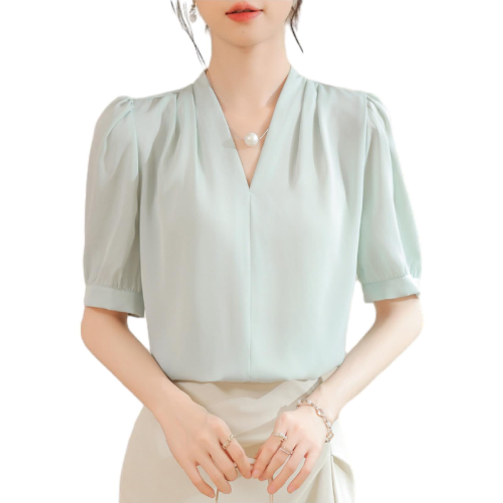 【送料無料】[MSFQSNB] ブラウス レディース Vネック 半袖 エレガント おしゃれ 可愛い オフィス トップス シャツ 大人 上品 カジュアル ファッション 通勤 OL 日常 春 夏 秋 色：グリーン、サイズ：L