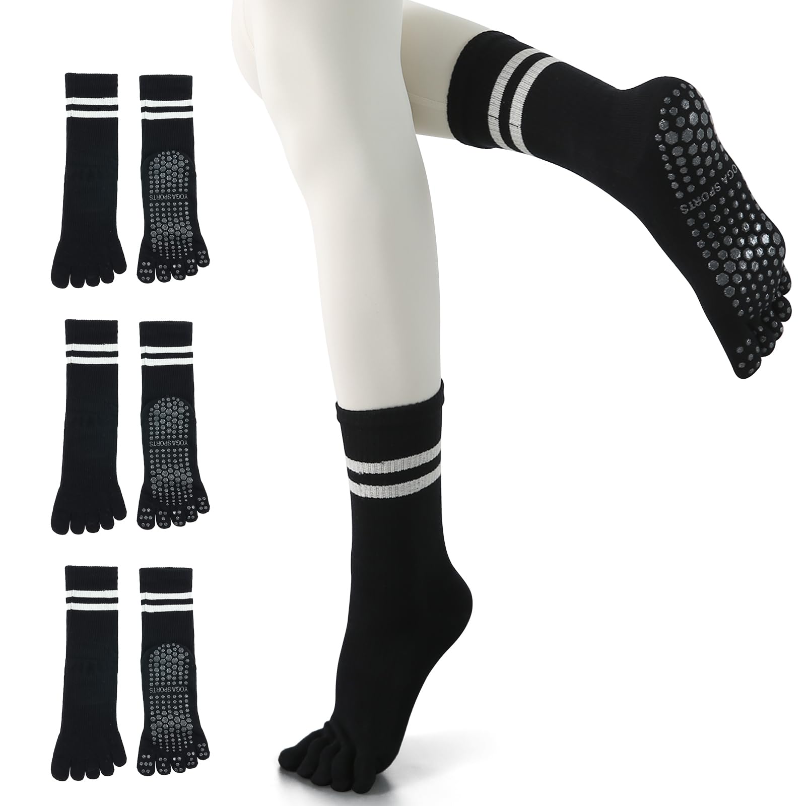 【送料無料】[YUMISS] ヨガソックス 滑り止め 5本指 ヨガソックス ピラティス靴下【通気性のよい綿素材・指先が自由に動き】 ヨガ靴下 レディース 快適 抗菌消臭 蒸れにくい 冷房対策 22.5cm~25cm スポーツウェア ヨガ ピラティス ト 色：ブラック*3、サイズ：Free Size