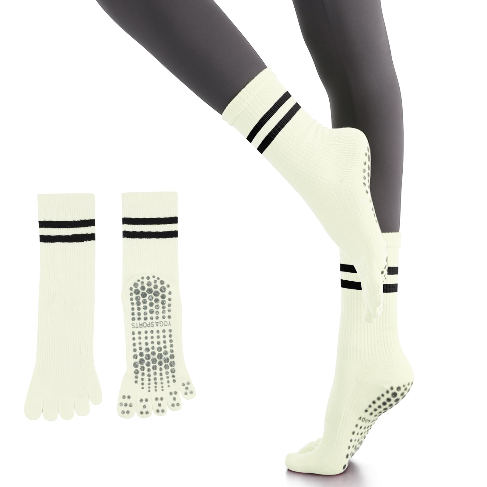 【送料無料】[YUMISS] ヨガソックス 滑り止め 5本指 ヨガソックス ピラティス靴下【通気性のよい綿素材・指先が自由に動き】 ヨガ靴下 レディース 快適 抗菌消臭 蒸れにくい 冷房対策 22.5cm~25cm スポーツウェア ヨガ ピラティス トレ 色：ベージュ、サイズ：Free Size