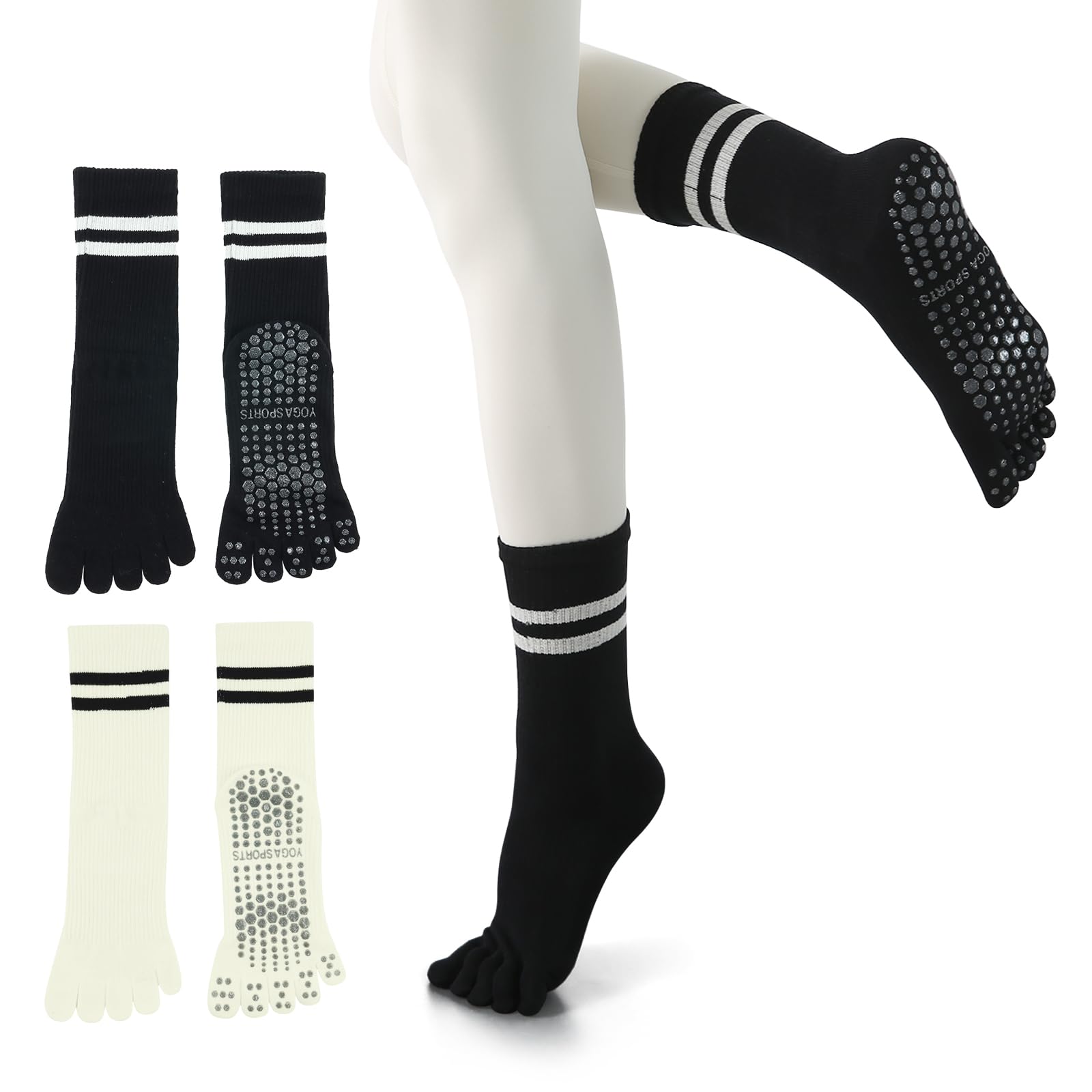 【送料無料】[YUMISS] ヨガソックス 滑り止め 5本指 ヨガソックス ピラティス靴下【通気性のよい綿素材・指先が自由に動き】 ヨガ靴下 レディース 快適 抗菌消臭 蒸れにくい 冷房対策 22.5cm~25cm スポーツウェア ヨガ ピラテ 色：ブラック/ベージュ、サイズ：Free Size