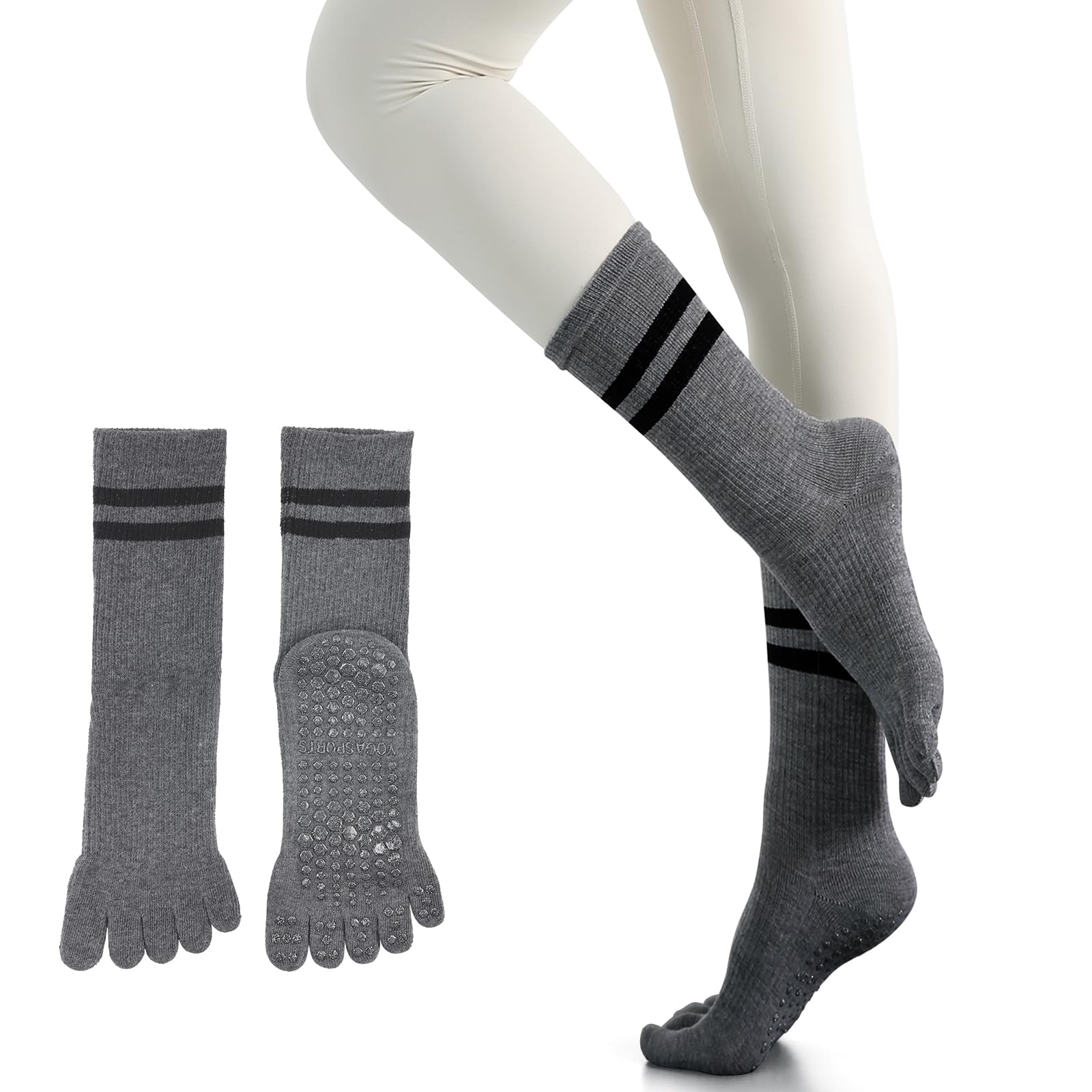 【送料無料】[YUMISS] ヨガソックス 滑り止め 5本指 ヨガソックス ピラティス靴下【通気性のよい綿素材・指先が自由に動き】 ヨガ靴下 レディース 快適 抗菌消臭 蒸れにくい 冷房対策 22.5cm~25cm スポーツウェア ヨガ ピラティス 色：ダークグレー、サイズ：Free Size