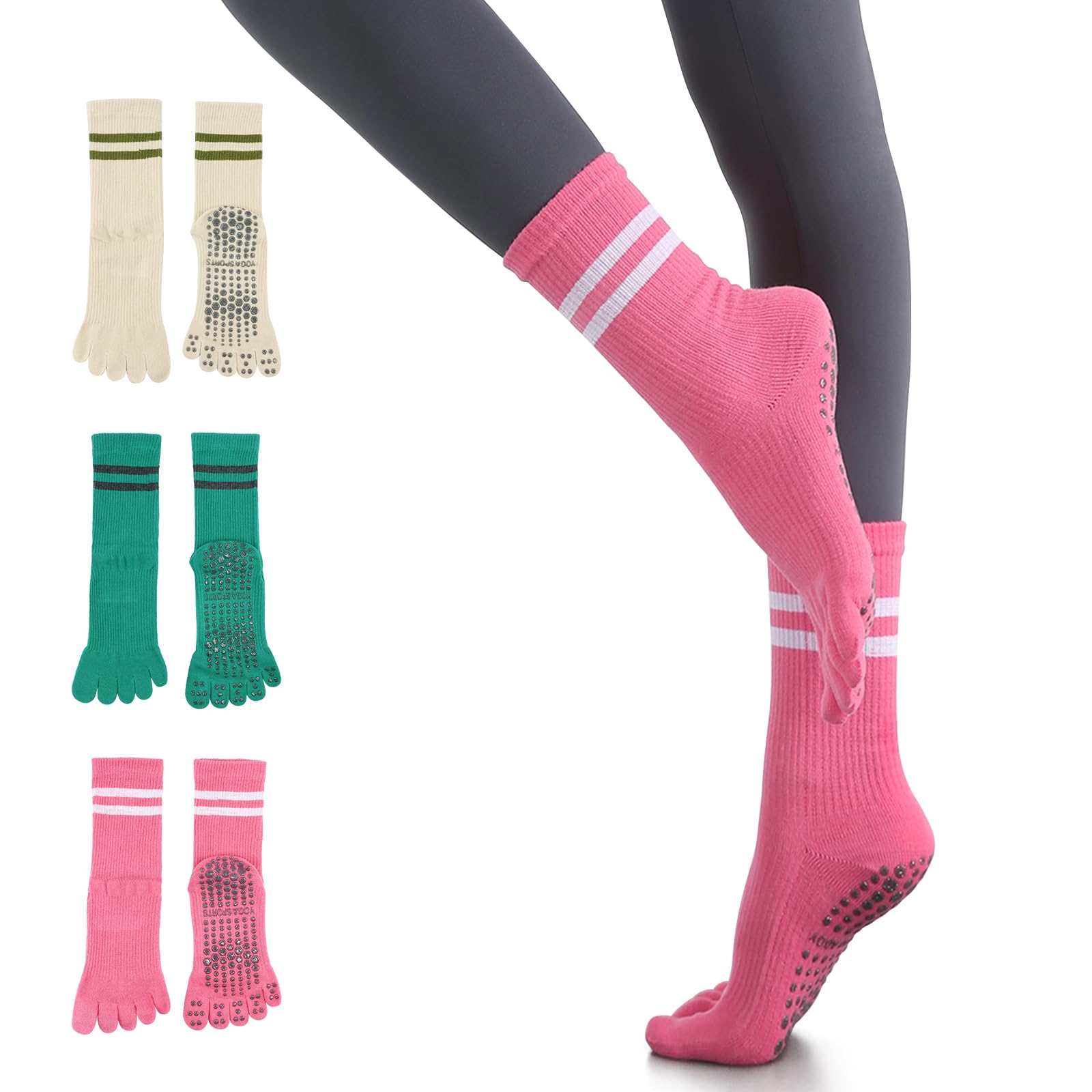 【送料無料】[YUMISS] ヨガソックス 滑り止め 5本指 ヨガソックス ピラティス靴下【通気性のよい綿素材・指先が自由に動き】 ヨガ靴下 レディース 快適 抗菌消臭 蒸れにくい 冷房対策 22.5cm~25cm スポーツウェア ヨガ ピ 色：カーキ+グリーン+ピンク、サイズ：Free Size