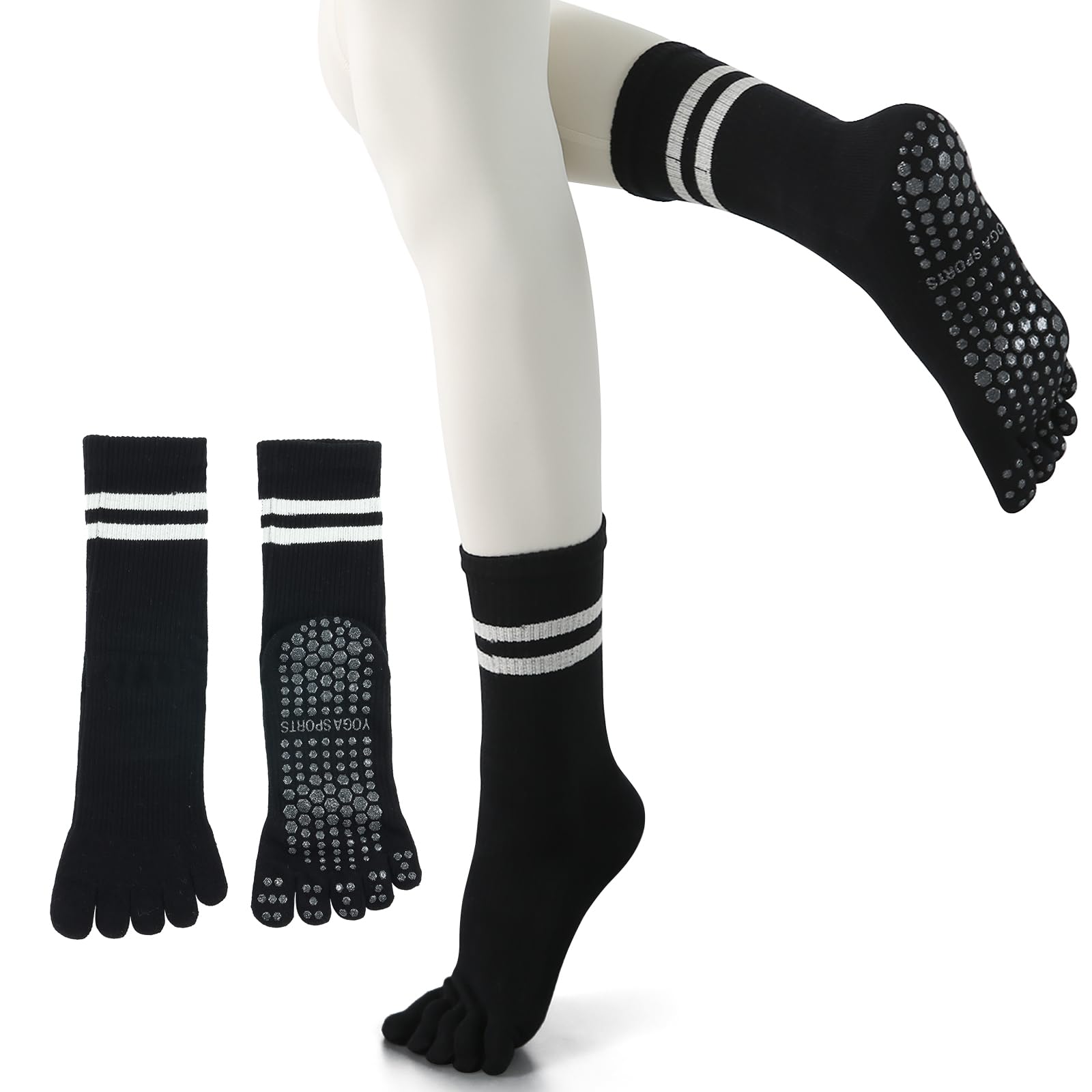 【送料無料】[YUMISS] ヨガソックス 滑り止め 5本指 ヨガソックス ピラティス靴下【通気性のよい綿素材・指先が自由に動き】 ヨガ靴下 レディース 快適 抗菌消臭 蒸れにくい 冷房対策 22.5cm~25cm スポーツウェア ヨガ ピラティス トレ 色：ブラック、サイズ：Free Size