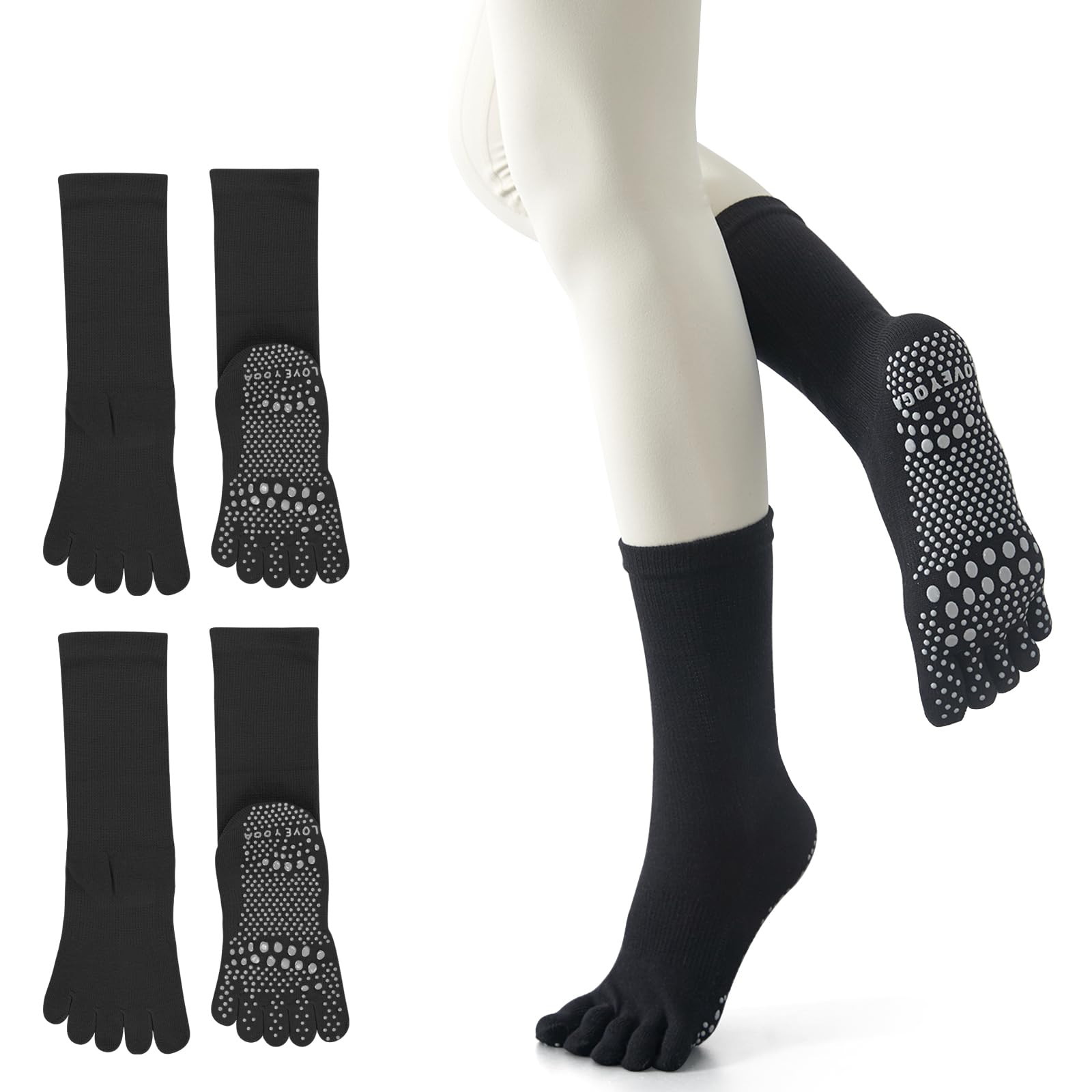 【送料無料】[YUMISS] ヨガソックス 滑り止め 5本指 ヨガソックス ピラティス靴下【通気性のよい綿素材・指先が自由に動き】 ヨガ靴下 レディース 快適 抗菌消臭 蒸れにくい 冷房対策 22.5cm~25cm スポーツウェア ヨガ ピラティ 色：無地:ブラック*2、サイズ：Free Size