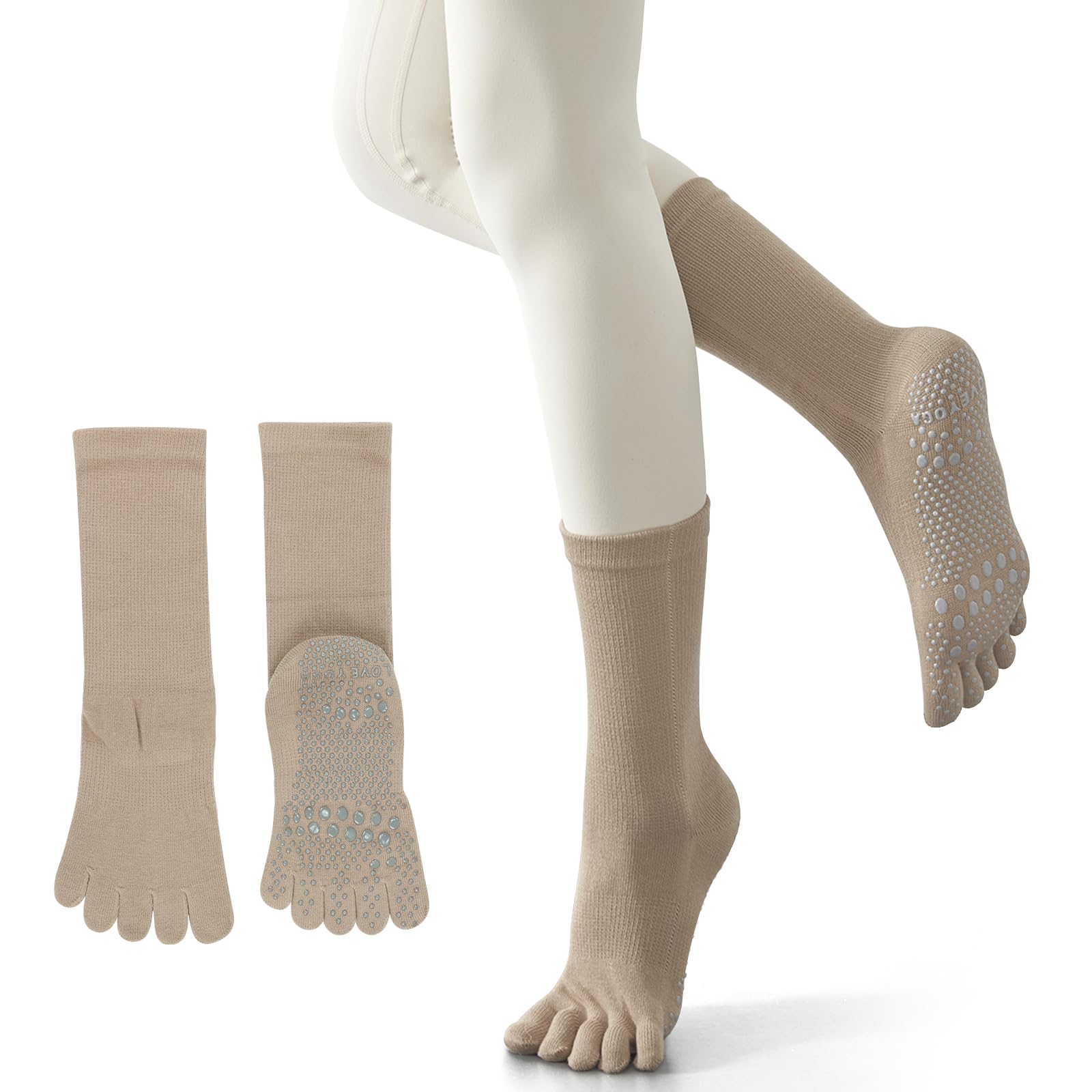 【送料無料】[YUMISS] ヨガソックス 滑り止め 5本指 ヨガソックス ピラティス靴下【通気性のよい綿素材・指先が自由に動き】 ヨガ靴下 レディース 快適 抗菌消臭 蒸れにくい 冷房対策 22.5cm~25cm スポーツウェア ヨガ ピラティス ト 色：無地:カーキ、サイズ：Free Size