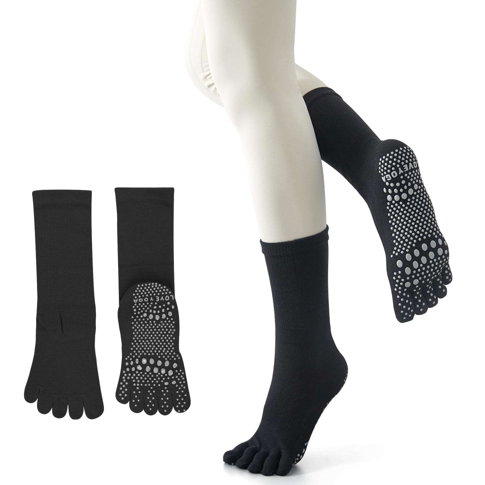 【送料無料】[YUMISS] ヨガソックス 滑り止め 5本指 ヨガソックス ピラティス靴下【通気性のよい綿素材・指先が自由に動き】 ヨガ靴下 レディース 快適 抗菌消臭 蒸れにくい 冷房対策 22.5cm~25cm スポーツウェア ヨガ ピラティス 色：無地:ブラック、サイズ：Free Size