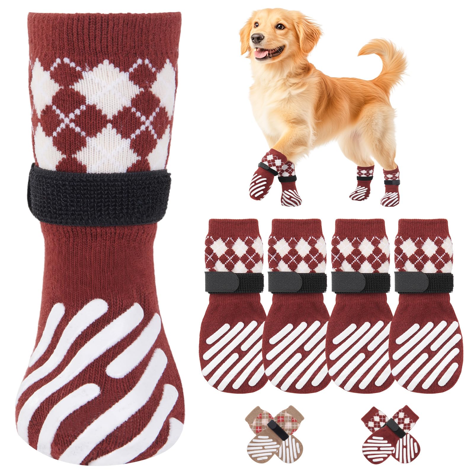 【送料無料】LOOBANI 犬 靴下 滑り止め 犬 滑り止め靴下 脱げにくい 老犬の介護 犬用 傷 舐め防止 マジックテープ付き 柔らかい 肉球保護 防寒 転倒防止 通気性 伸縮性 屋内外用 汎用 4個セット 色：レッド、サイズ：M