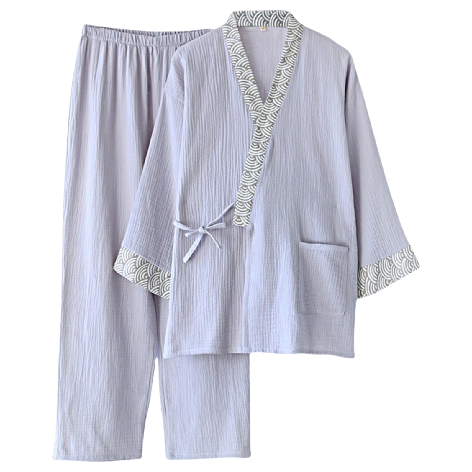 【送料無料】[GDenFrog] メンズ甚平 甚平 メンズ 綿100 二重ガーゼ 無地 七分袖 前開き 作務衣 さむえ パジャマ 浴衣 ルームウェア 寝間着 洗える夏着物 紳士 男性 上下セット 春 夏 色：グレー、サイズ：L