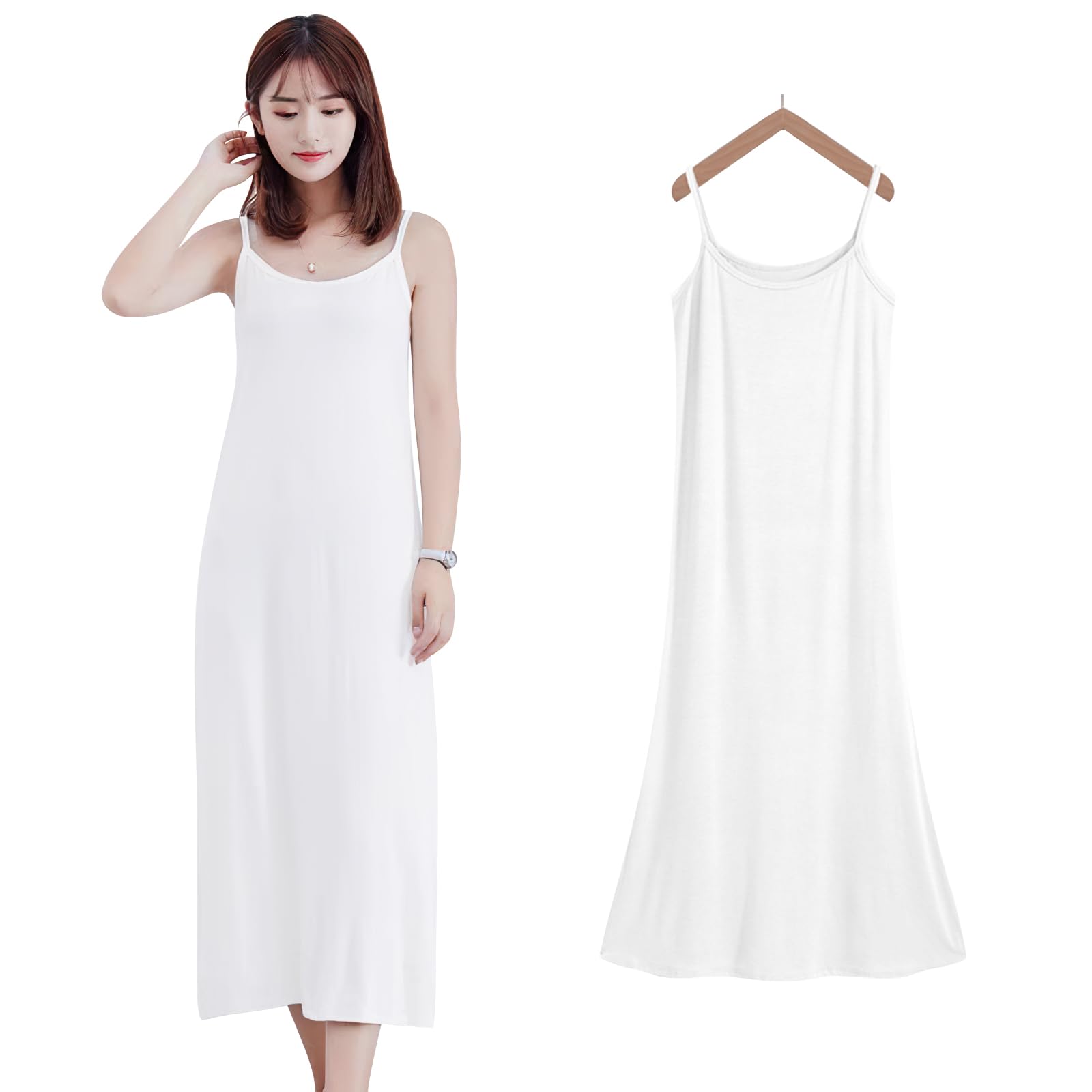 【送料無料】[YUMISS] インナーワンピース ロングスリップ レディース 【さらりとした肌触り・吸汗速乾】 【美シルエット・重ね着】 ペチコート 透け防止 タンクワンピース キャミワンピース ルームウェア オールシーズン 黒 白 色：ロング丈-ホワイト、サイズ：M