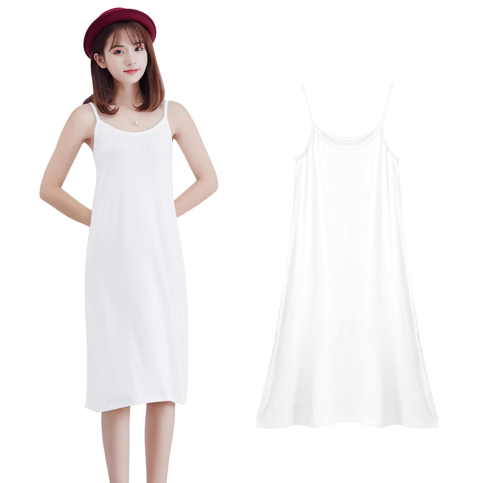 【送料無料】[YUMISS] インナーワンピース ロングスリップ レディース 【さらりとした肌触り・吸汗速乾】 【美シルエット・重ね着】 ペチコート 透け防止 タンクワンピース キャミワンピース ルームウェア オールシーズン 黒 白 色：ミディアム丈-ホワイト、サイズ：XL