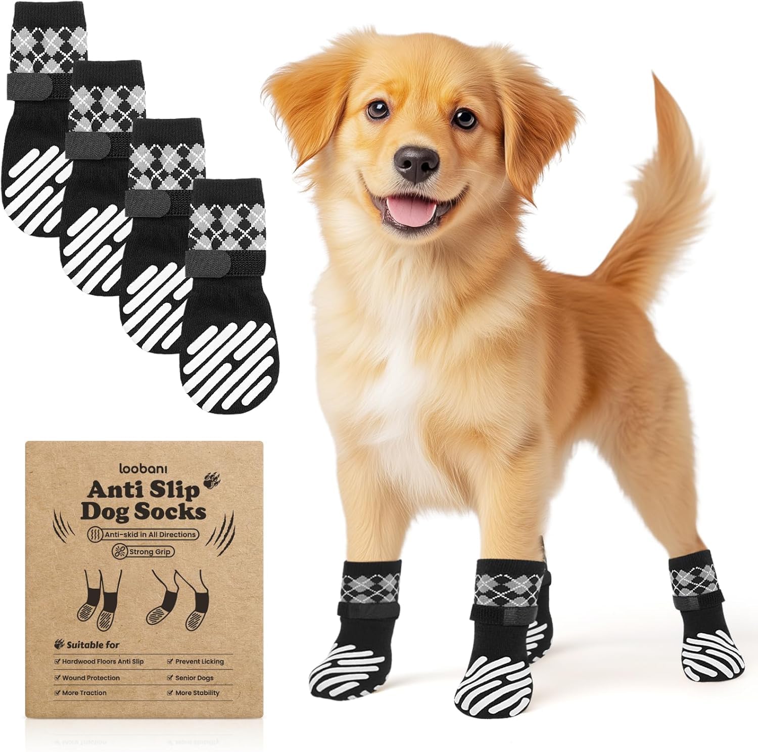 【送料無料】LOOBANI 犬 靴下 滑り止め 犬 滑り止め靴下 脱げにくい 老犬の介護 犬用 傷 舐め防止 マジックテープ付き 柔らかい 肉球保護 防寒 転倒防止 通気性 伸縮性 屋内外用 汎用 4個セット 色：ブラック、サイズ：S