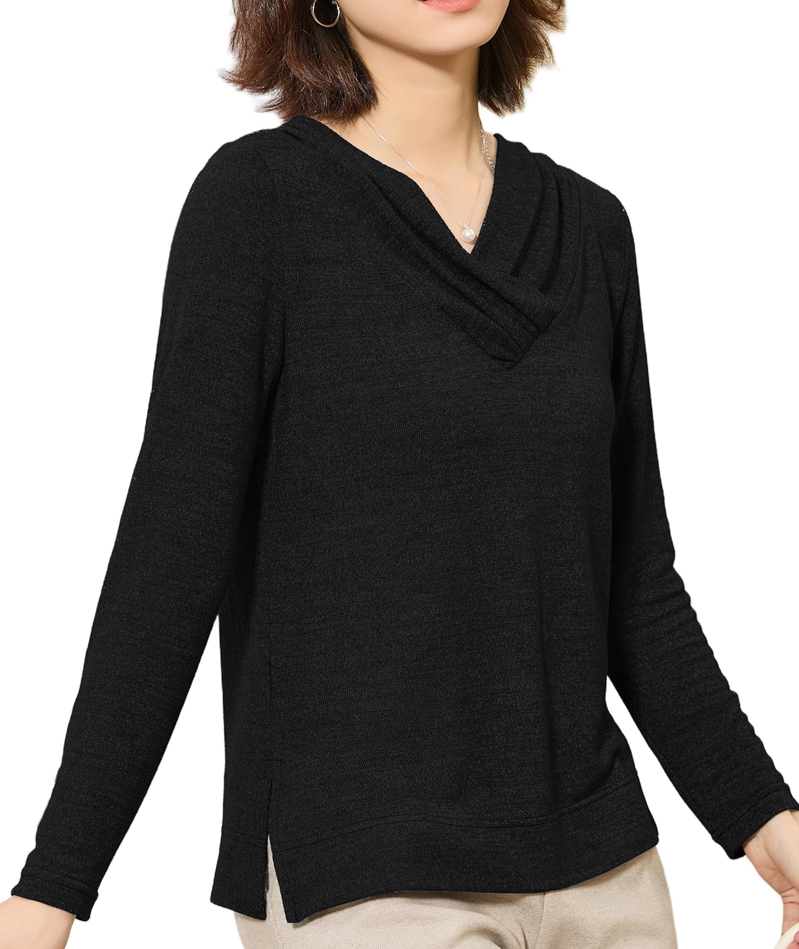 【送料無料】[Hotouch] 長袖tシャツ レディース Vネック 小顔効果 ロンt 薄手 柔らかい ロングtシャツ 暖かい 良い伸縮性 シンプル おしゃれ カジュアル 春秋冬 インナー トップス（XS-2XL） 色：ブラック、サイズ：L