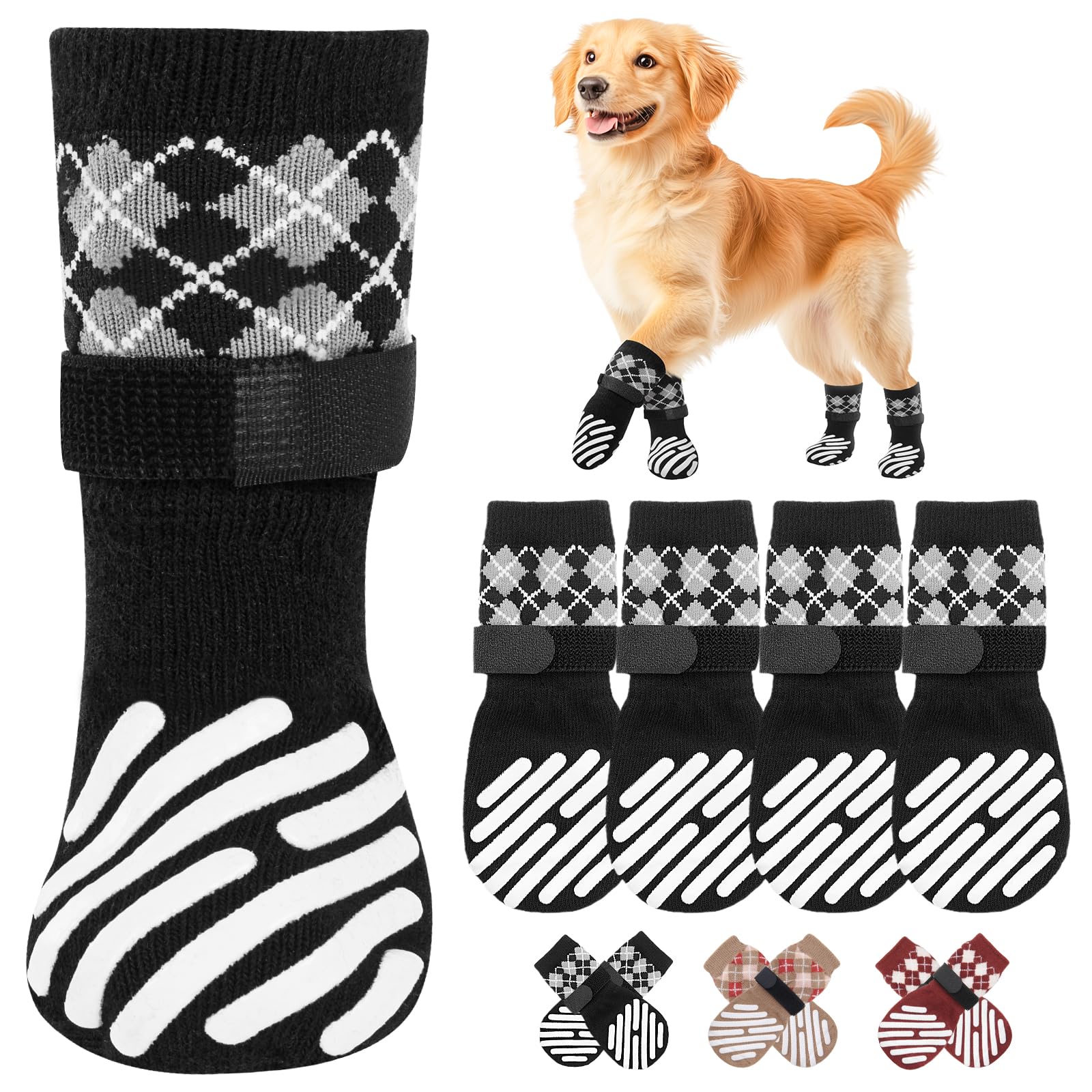 【送料無料】LOOBANI 犬 靴下 滑り止め 犬 滑り止め靴下 脱げにくい 老犬の介護 犬用 傷 舐め防止 マジックテープ付き 柔らかい 肉球保護 防寒 転倒防止 通気性 伸縮性 屋内外用 汎用 4個セット 色：ブラック、サイズ：M