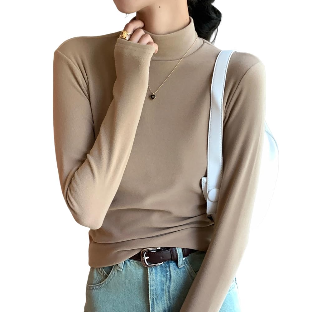 【送料無料】[ANGJ] tシャツ レディース 長袖 トップス ハイネック 防寒インナー ロングスリーブ カジュアル 着痩せ 重ねる着便利 着回しやすい 無地 高伸縮 シンプル おしゃれ 暖かい 柔らかい 春 秋 冬 色：#007：カーキ、サイズ：3XL