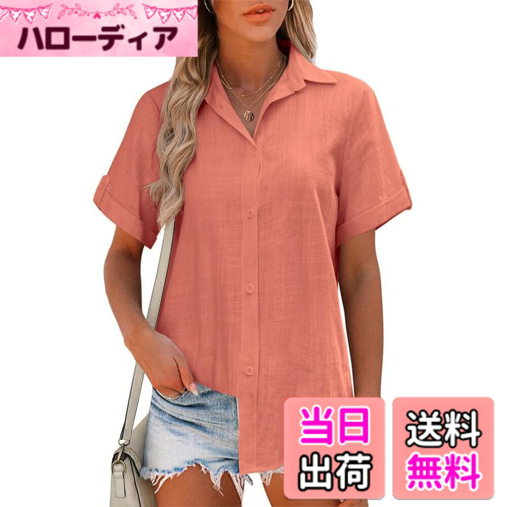 Other - 【送料無料】[Hotouch] シャツ ブラウス レディース 半袖 100%コットン 薄手 トップス 夏 高通気性 おしゃれ 通勤 カジュアル オフィス 色：タンジェリン、サイズ：3L