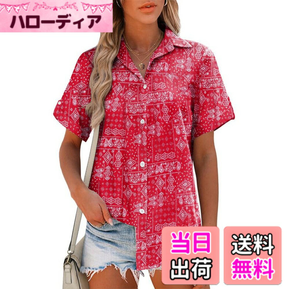 【送料無料】[Hotouch] シャツ ブラウス レディース 半袖 100%コットン 薄手 トップス 夏 高通気性 おしゃれ 通勤 カジュアル オフィス 色：レッドボヘミアン、サイズ：2L