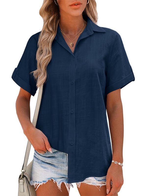 【送料無料】[Hotouch] シャツ ブラウス レディース 半袖 100%コットン 薄手 トップス 夏 高通気性 おしゃれ 通勤 カジュアル オフィス 色：ネイビーブルー、サイズ：2L
