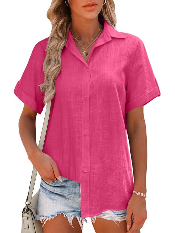【送料無料】[Hotouch] シャツ ブラウス レディース 半袖 100%コットン 薄手 トップス 夏 高通気性 おしゃれ 通勤 カジュアル オフィス 色：スイカピンク、サイズ：S