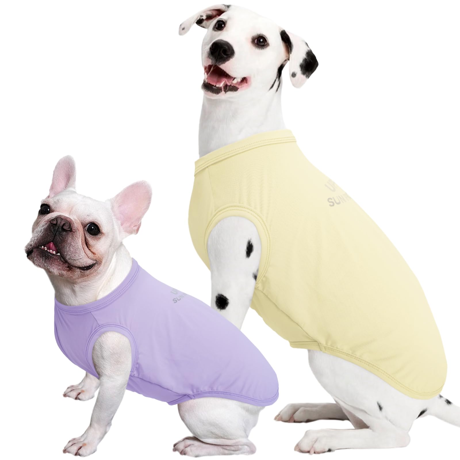 【送料無料】Kuoser犬服 2セット UVカット Tシャツ 日焼け止め 快適 通気 伸縮素材 敏感肌保護 速乾 洗濯機洗い 色：パープル＆イエロー、サイズ：S