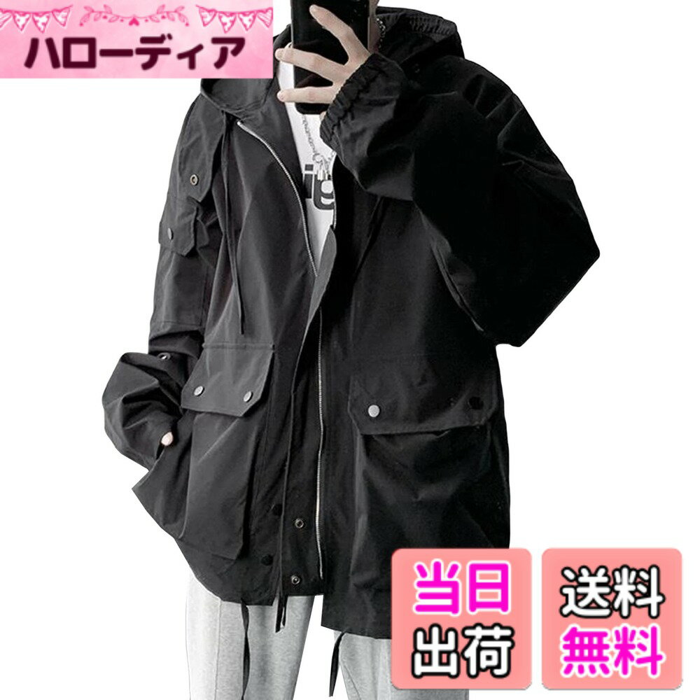 Jacket - 【送料無料】[MMTYRM] メンズ カーゴジャケット フード付き MA-1ジャケット ミリタリー ゆったり お洒落 カジュアルコート かっこいい フライトジャケット 大きいサイズ アウター 色：ブラック、サイズ：M