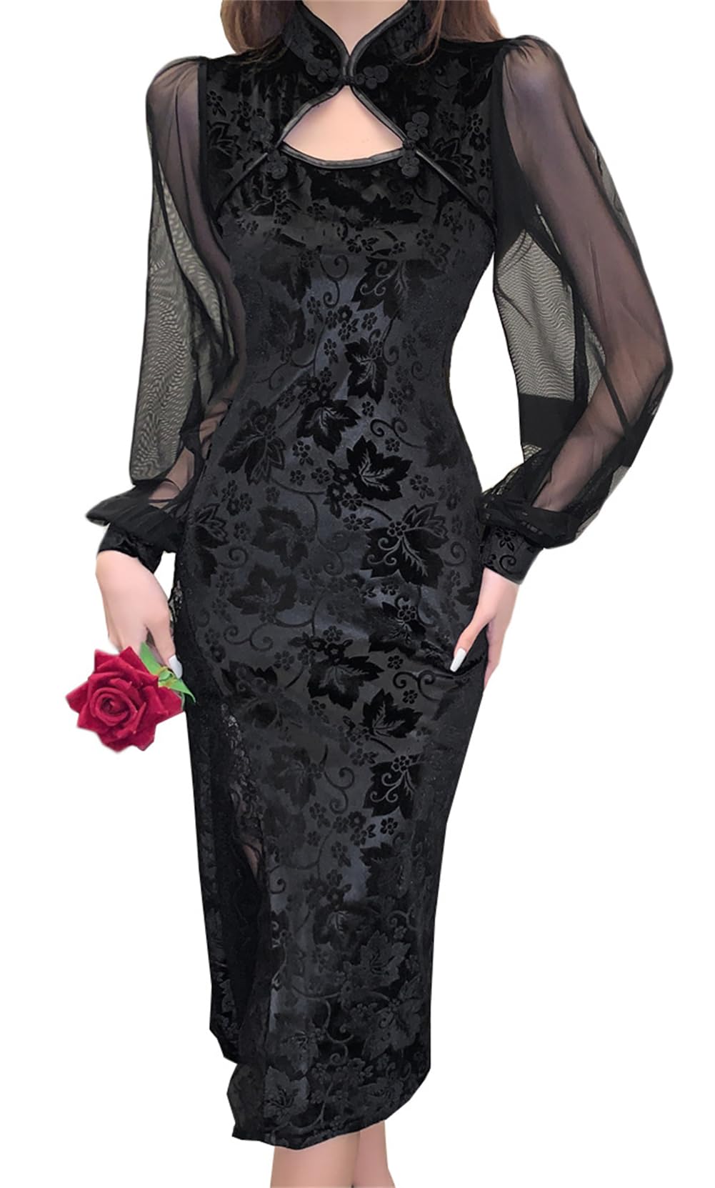 【送料無料】[YONGO] チャイナ風 ワンピース レディース スリム タイトドレス ひざ丈 チュール 切り替..