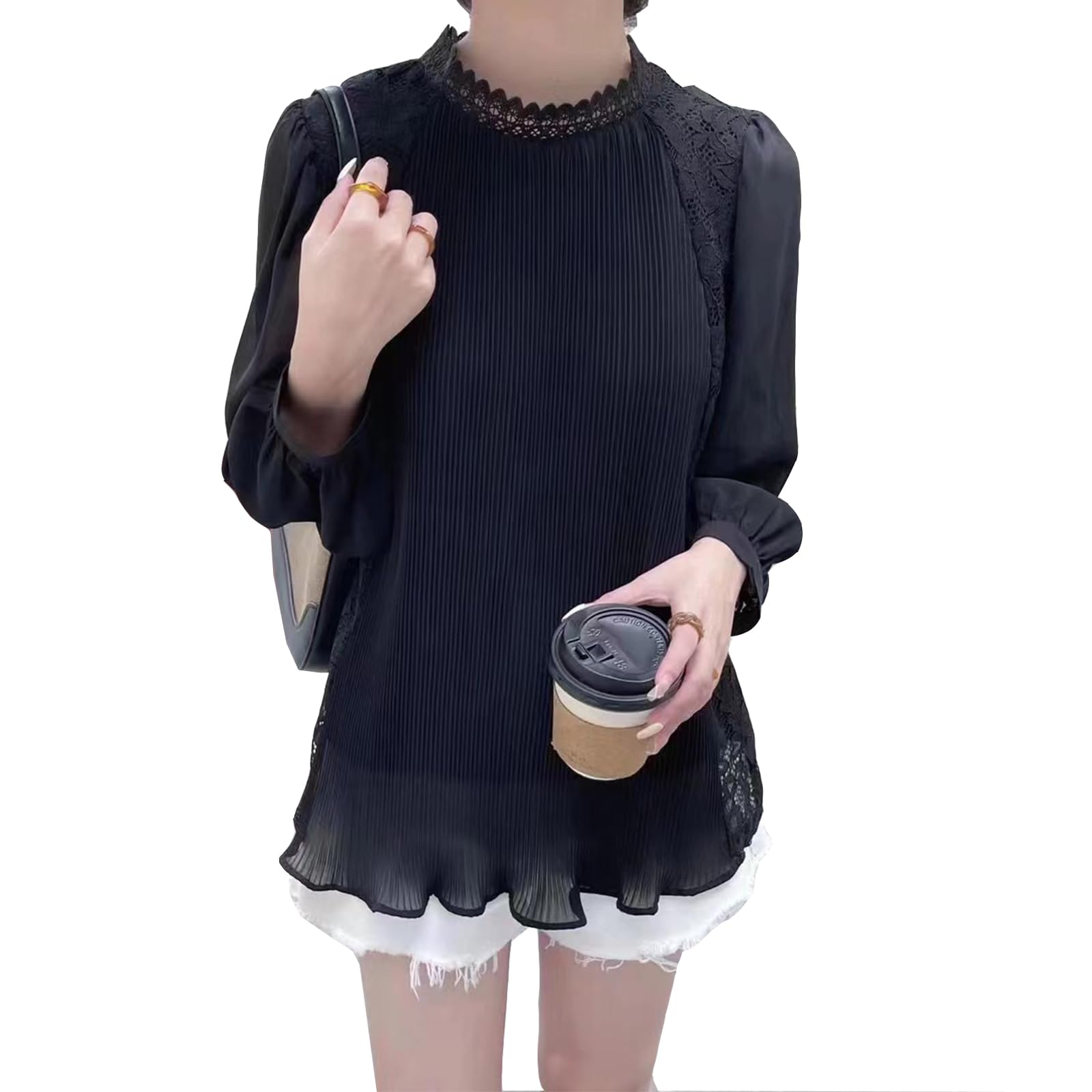 【送料無料】[RoyzTocz] ブラウス レディース レース シャツ プリーツのトップス 可愛い ゆったり スタンドカラー 長袖 体型カバー 着痩せ ギャザー ロマンチック 上品 大人 カジュアル トップス 通勤 春秋冬 色：ブラック、サイズ：Free Size