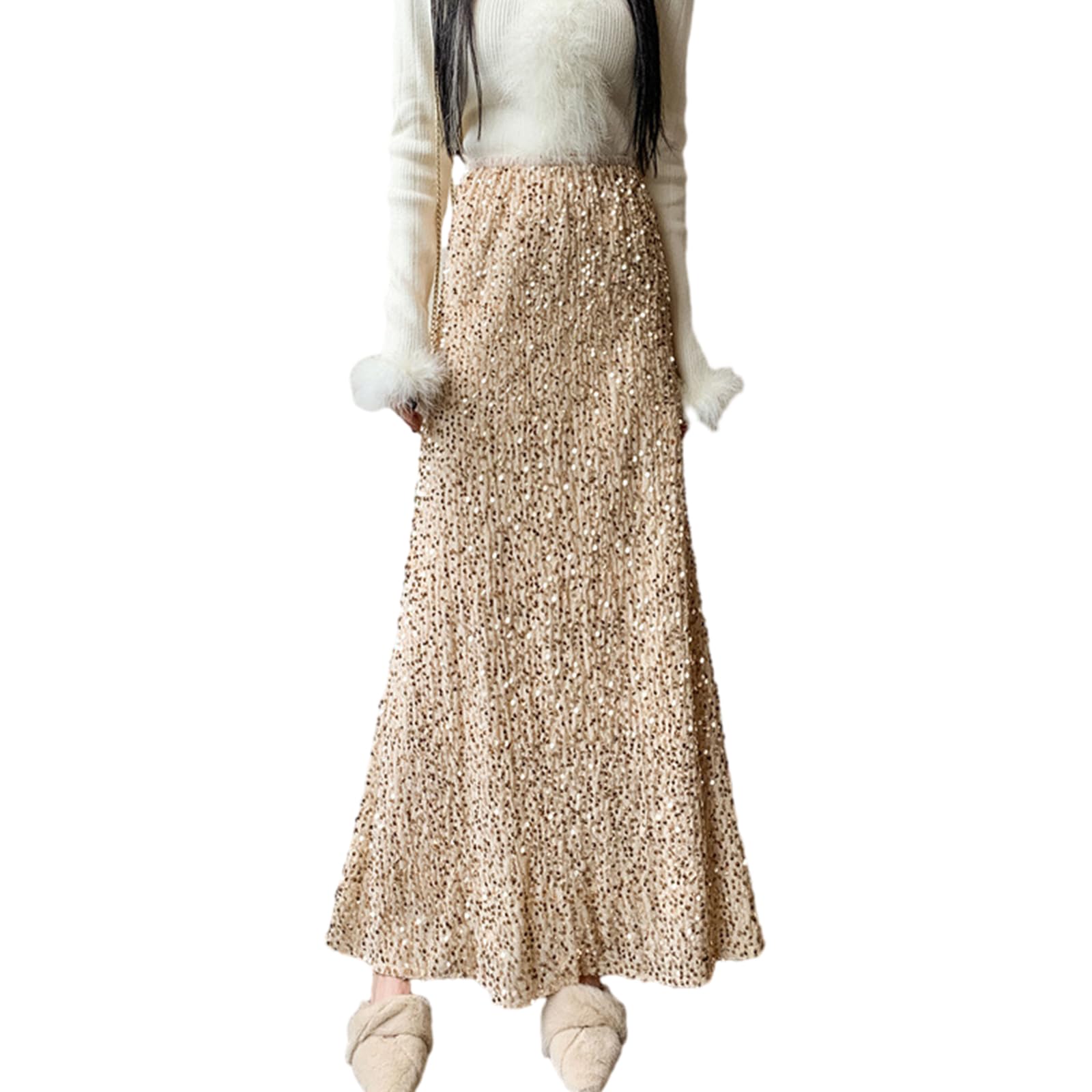 【送料無料】[RoyzTocz] スカート レデイース スパンコール ハイウエスト 裏地をつけ キラキラ ロング丈 おしゃれ エレガント シンプル ゆったり 体型カバー おしゃれ 着痩せ 大人 ボトムス 通勤 二次会 普段着 春 秋 冬 色：アプリコット、サイズ：Free Size