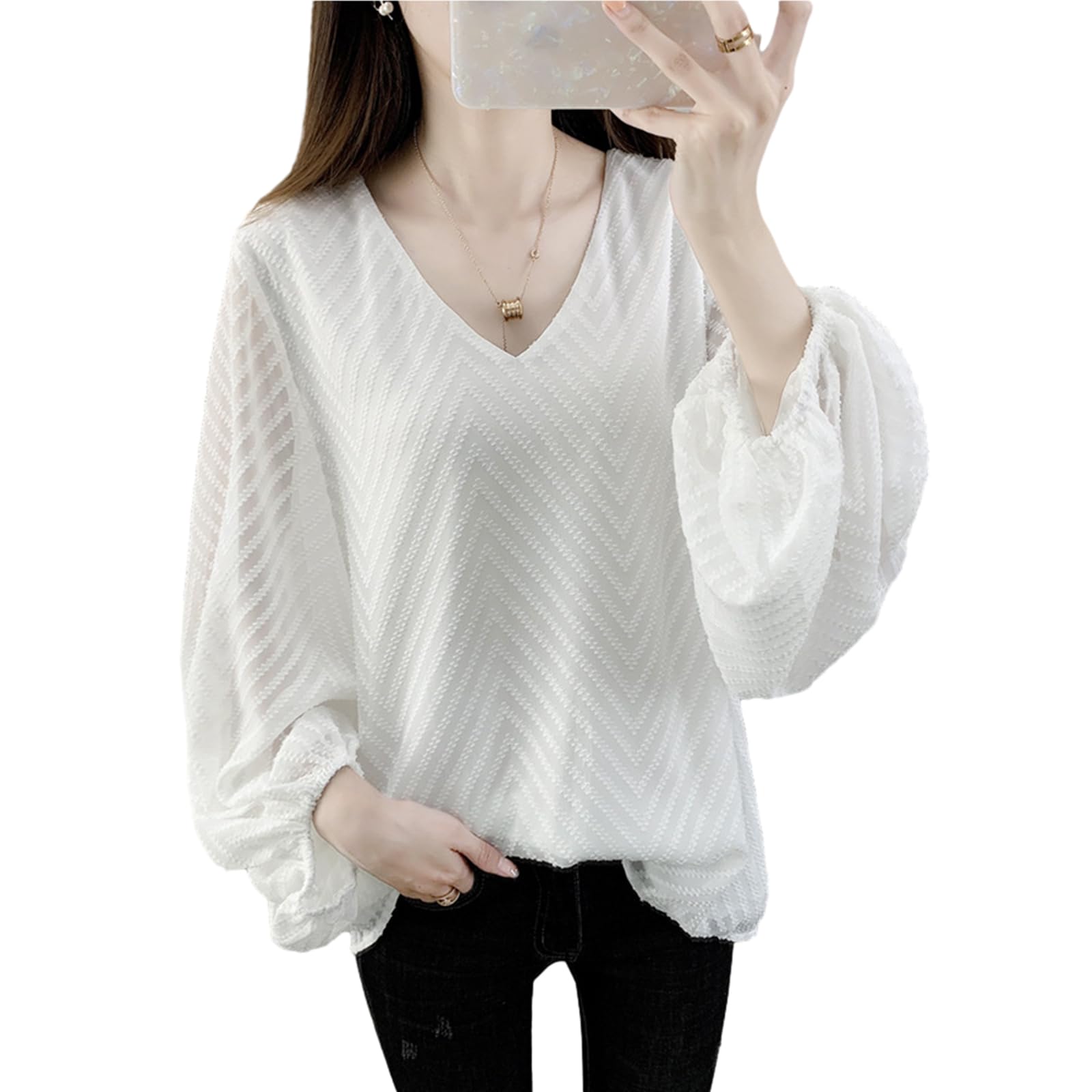 【送料無料】[RoyzTocz] Tシャツ レディース ブラウス 長袖 春服 パフスリーブ シャツ Vネック トップ..