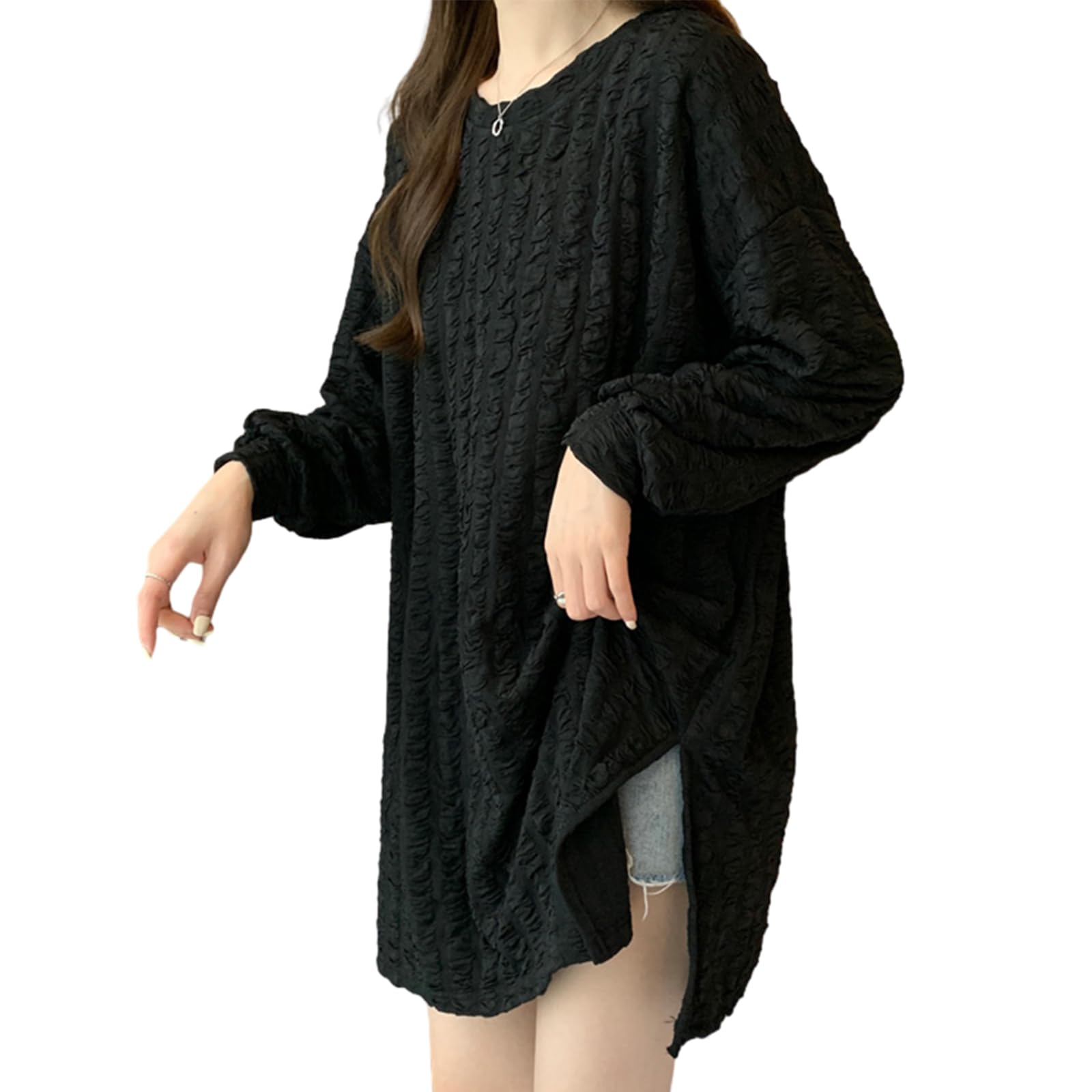 【送料無料】[RoyzTocz] Tシャツ レディース ブラウス 長袖 春服 サイドスリット シャツ 丸首 トップス..