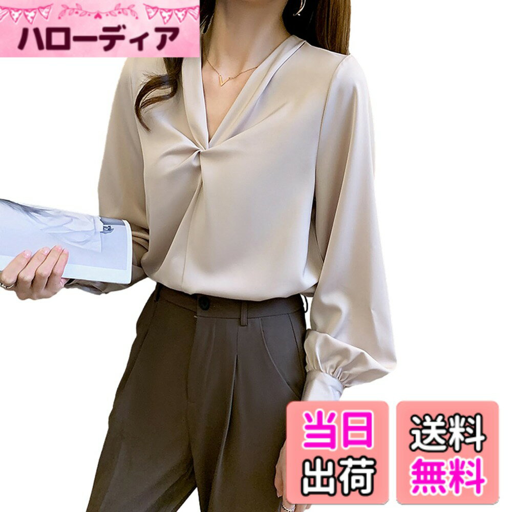 Other - 【送料無料】[RoyzTocz] シャツ レディース ブラウス Vネック tシャツ フリル トップス 長袖 おしゃれ 着痩せ 体型カバー 着痩せ ゆったり カジュアル ファッション OL オフィス 通勤 通学 日常 可愛い フォーマル 秋冬 春 夏 色：アプリコット、サイズ：M