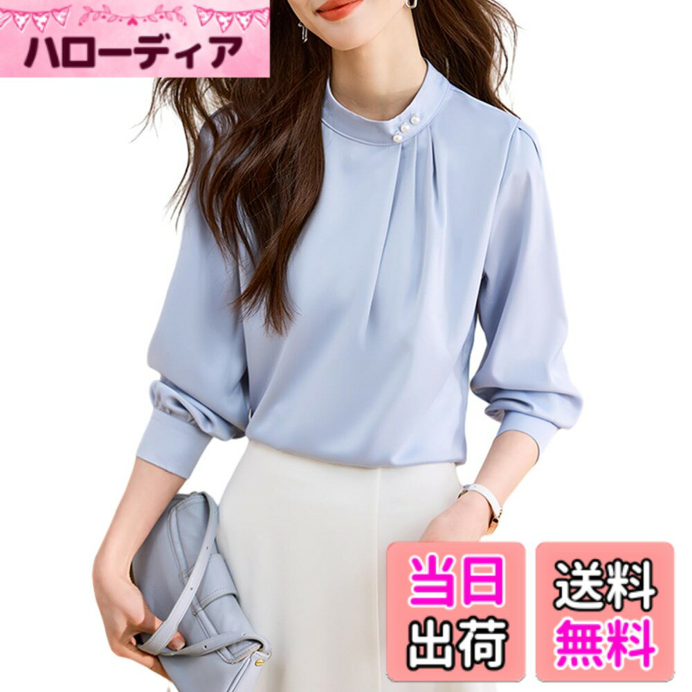 Other - 【送料無料】[RoyzTocz] シャツ レディース ブラウス Tシャツ トップス パール装飾 長袖 おしゃれ 立ち襟 エレガント 体型カバー 着痩せ ゆったり カジュアル OL オフィス 通勤 フォーマル 秋 春夏 色：ブルー、サイズ：M