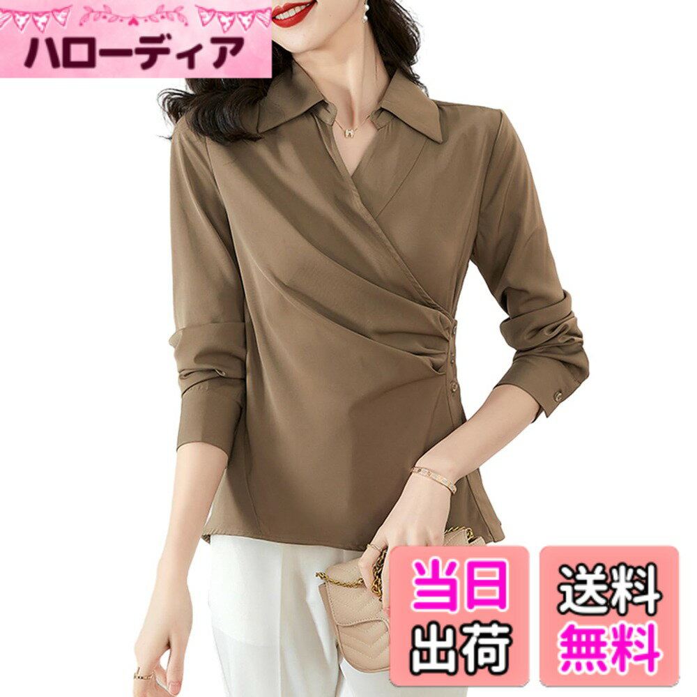 【送料無料】[RoyzTocz] 上質 シャツ レディース 長袖 ブラウス グラマラス ウエスト シェイプ V ネック トップス ゆったり 無地 エレガンス 柔らかい 体型カバー 着せ 学生 大人 春 夏 秋 通勤 お出かけ オフィス 色：カーキ、サイズ：2XL