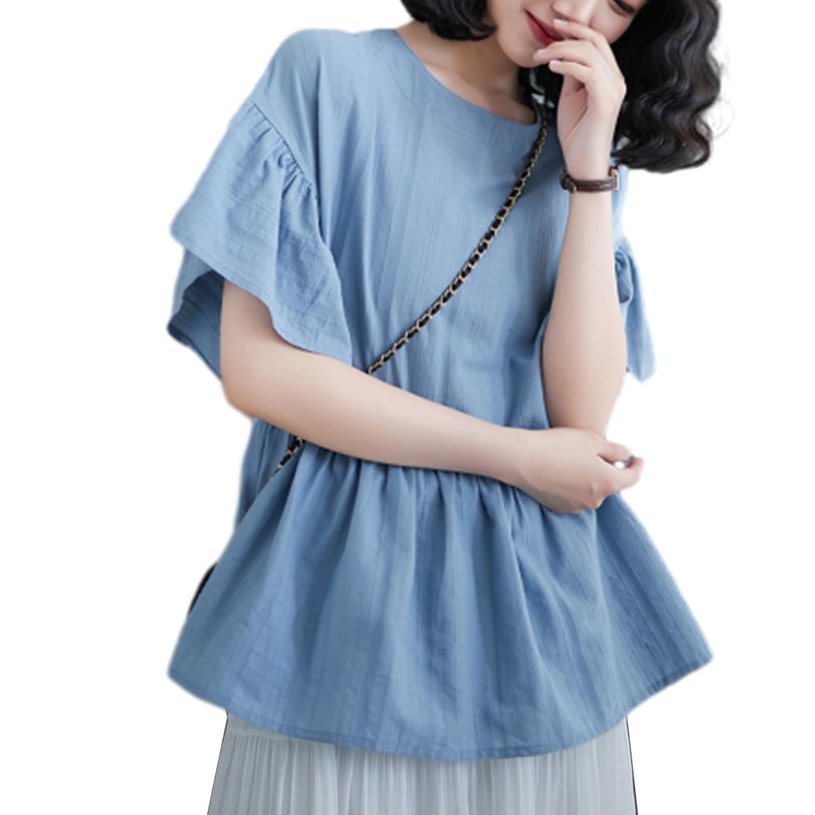 【送料無料】[RoyzTocz] ブラウス レディース シャツ 半袖 丸首 トップス フレア袖 フリル 無地 薄手 ..