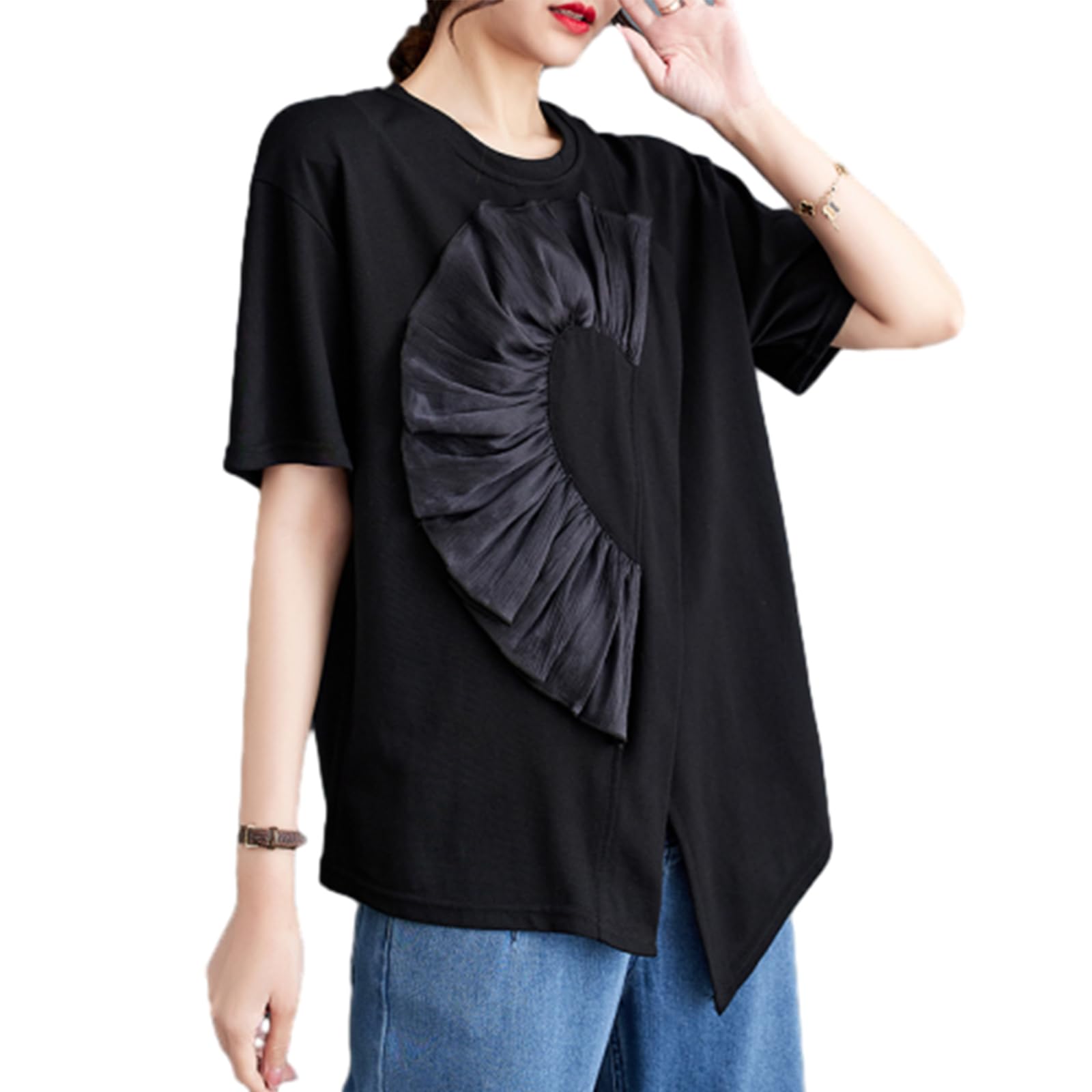 【送料無料】[RoyzTocz] レディース tシャツ スリット トップス 半袖 丸襟 ブラウス 切り替え 体型カバ..