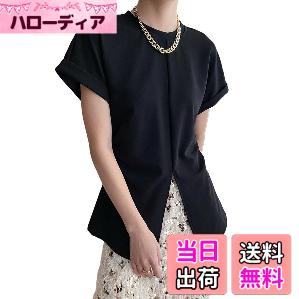 【送料無料】[RoyzTocz] レディース tシャツ 薄手 ゆったり 体型カバー クルーネック スリット入り カットソー シンプル 可愛い 着痩せ 通勤 オフィス 部屋着 アウトドア 上品 大人 カジュアル 日常 春 夏 色：ブラック、サイズ：M